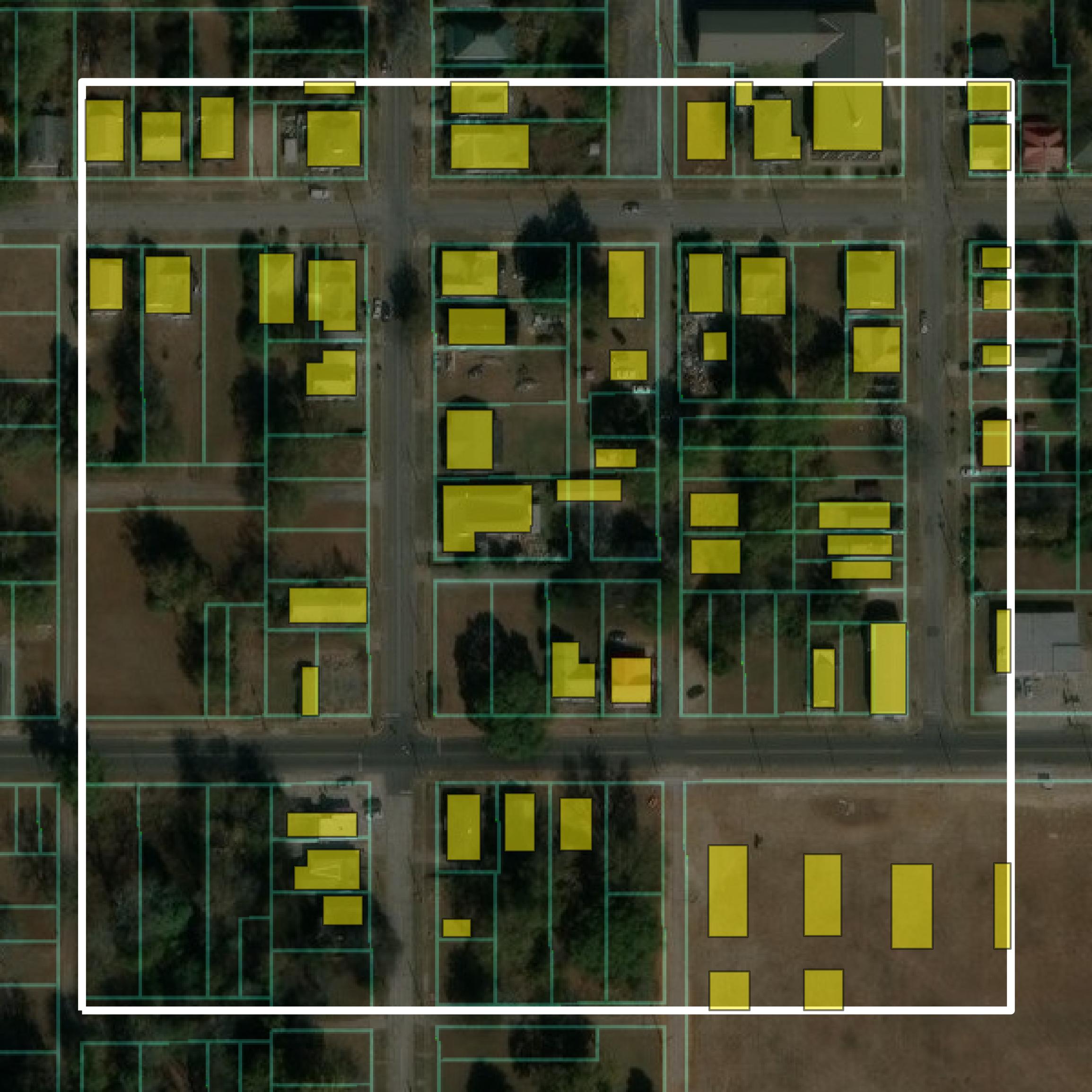 This image shows parcel and building data in Calhoun County created using GIS data in Equator.
