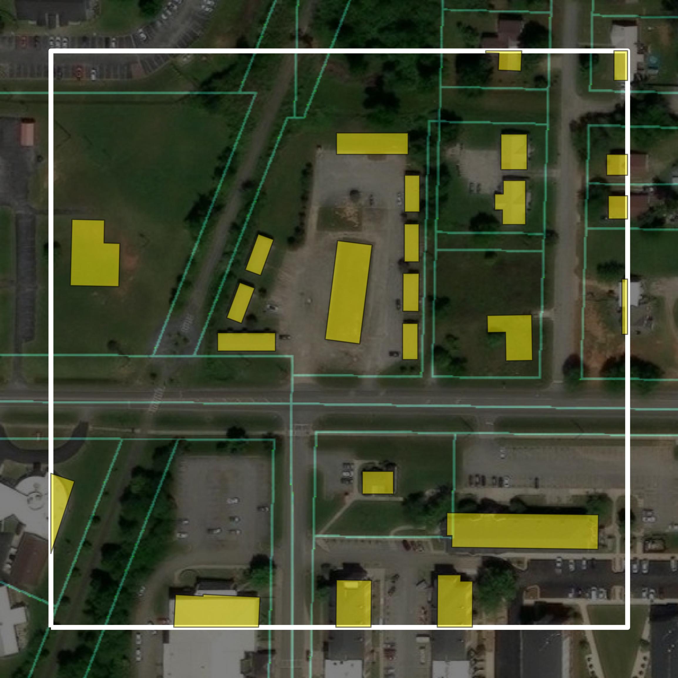 This image shows parcel and building data in Calhoun County created using GIS data in Equator.