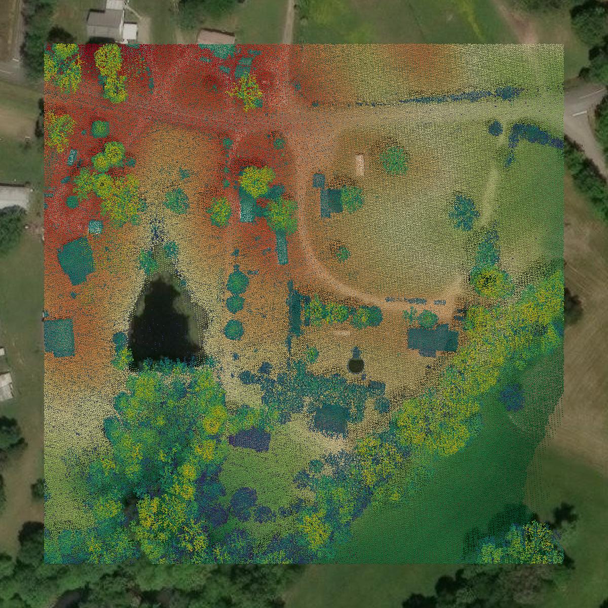This image shows a LiDAR point cloud in Calhoun County created using GIS data in Equator.