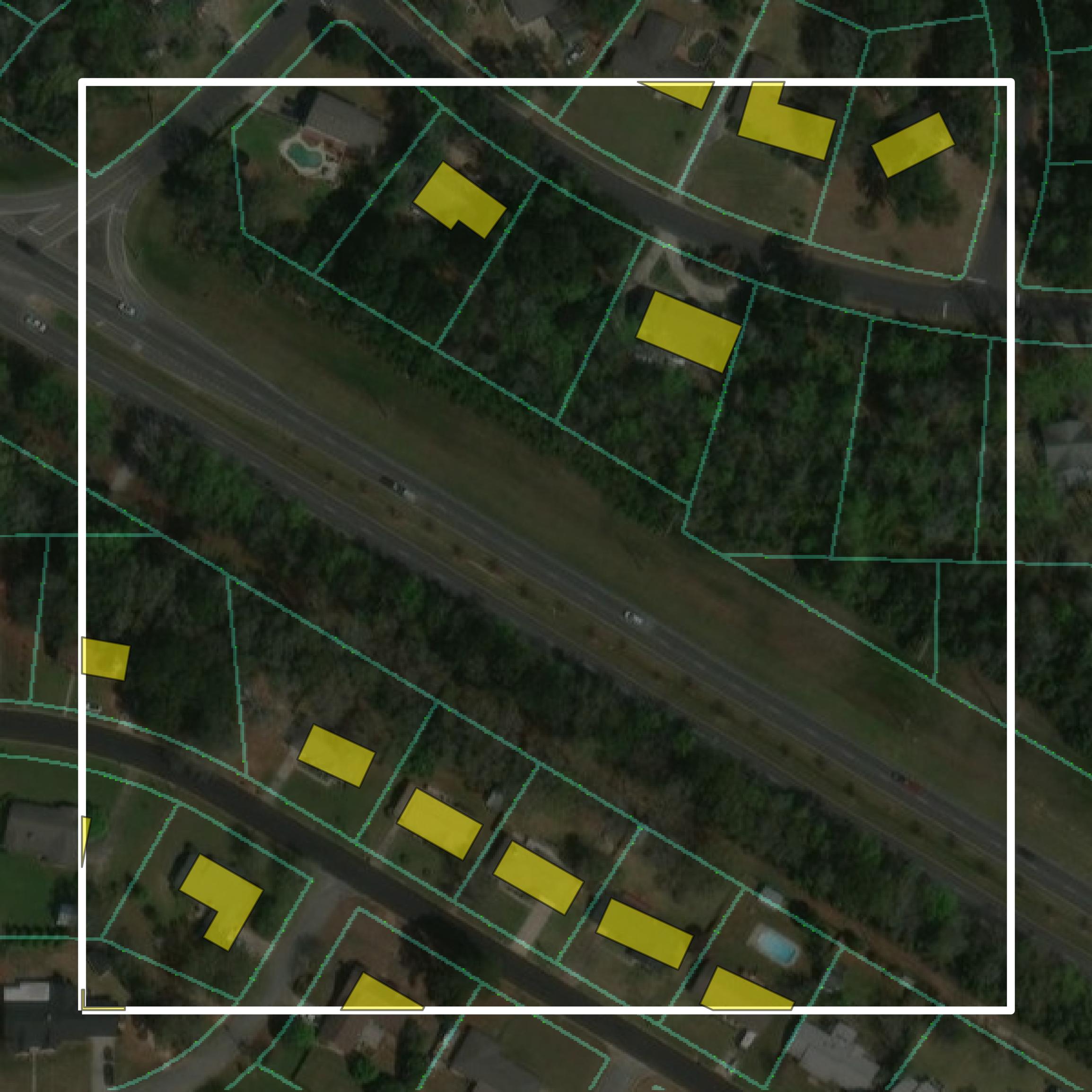 This image shows parcel and building data in Coffee County created using GIS data in Equator.
