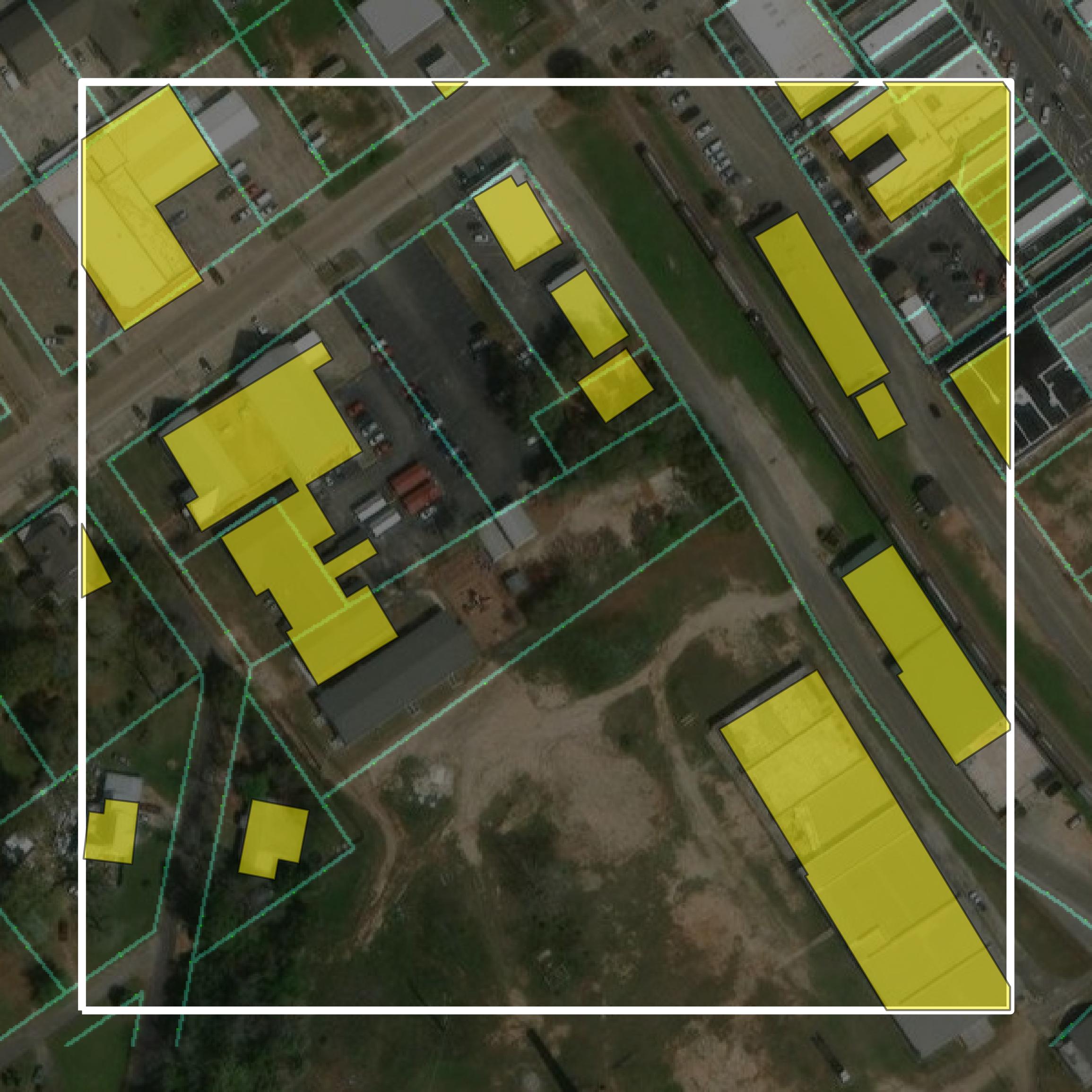This image shows parcel and building data in Coffee County created using GIS data in Equator.