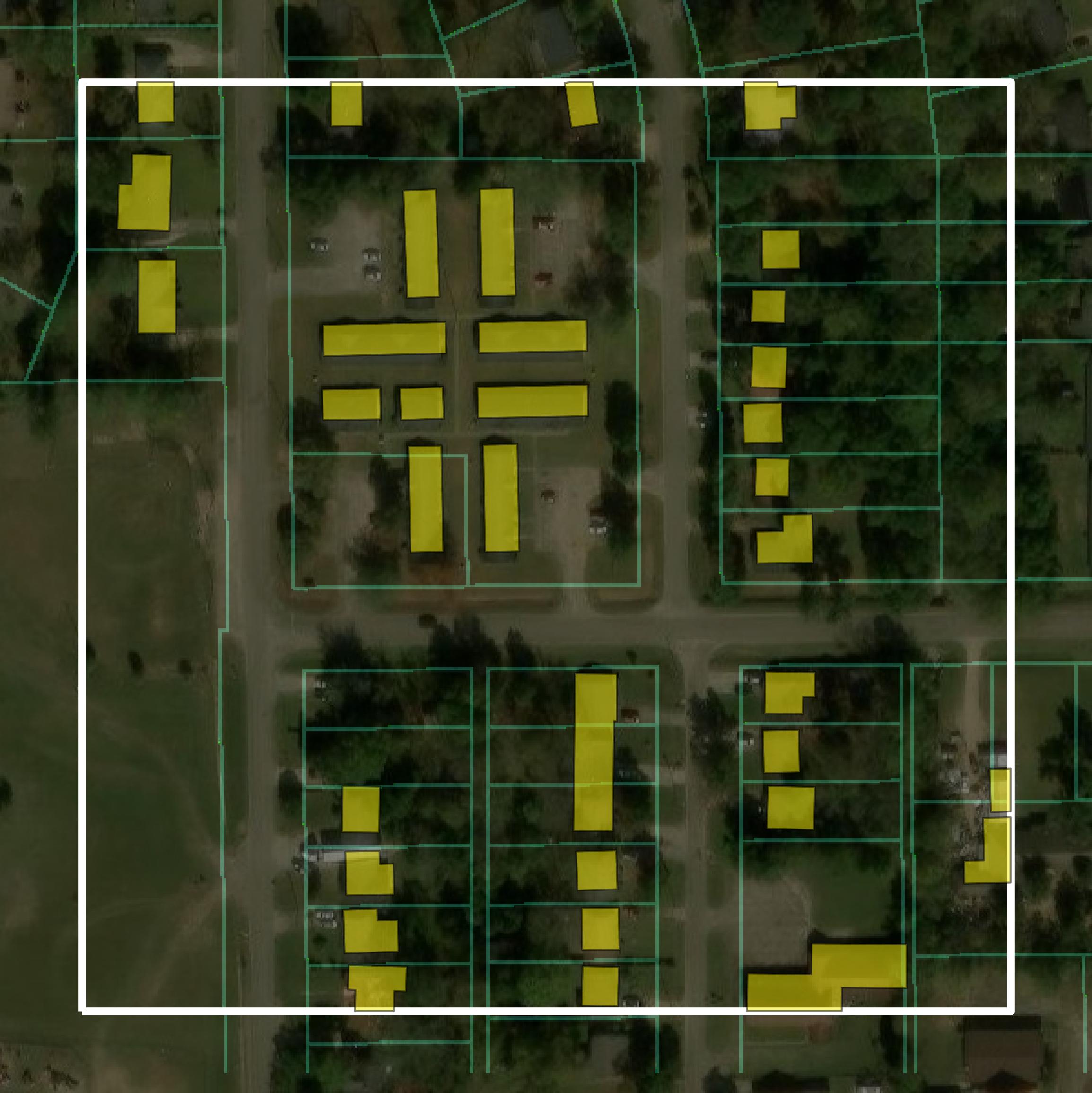 This image shows parcel and building data in Dallas County created using GIS data in Equator.