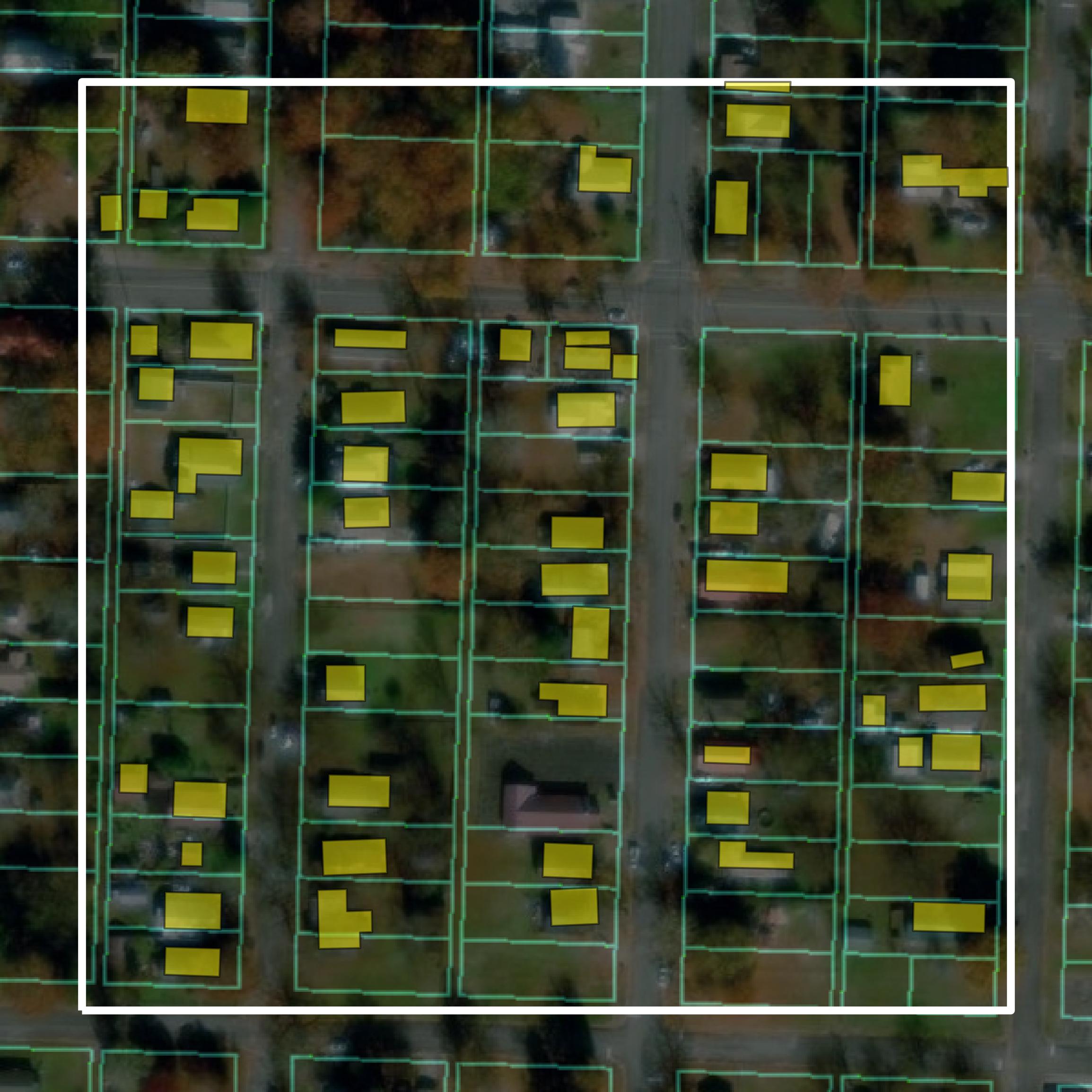 This image shows parcel and building data in Etowah County created using GIS data in Equator.