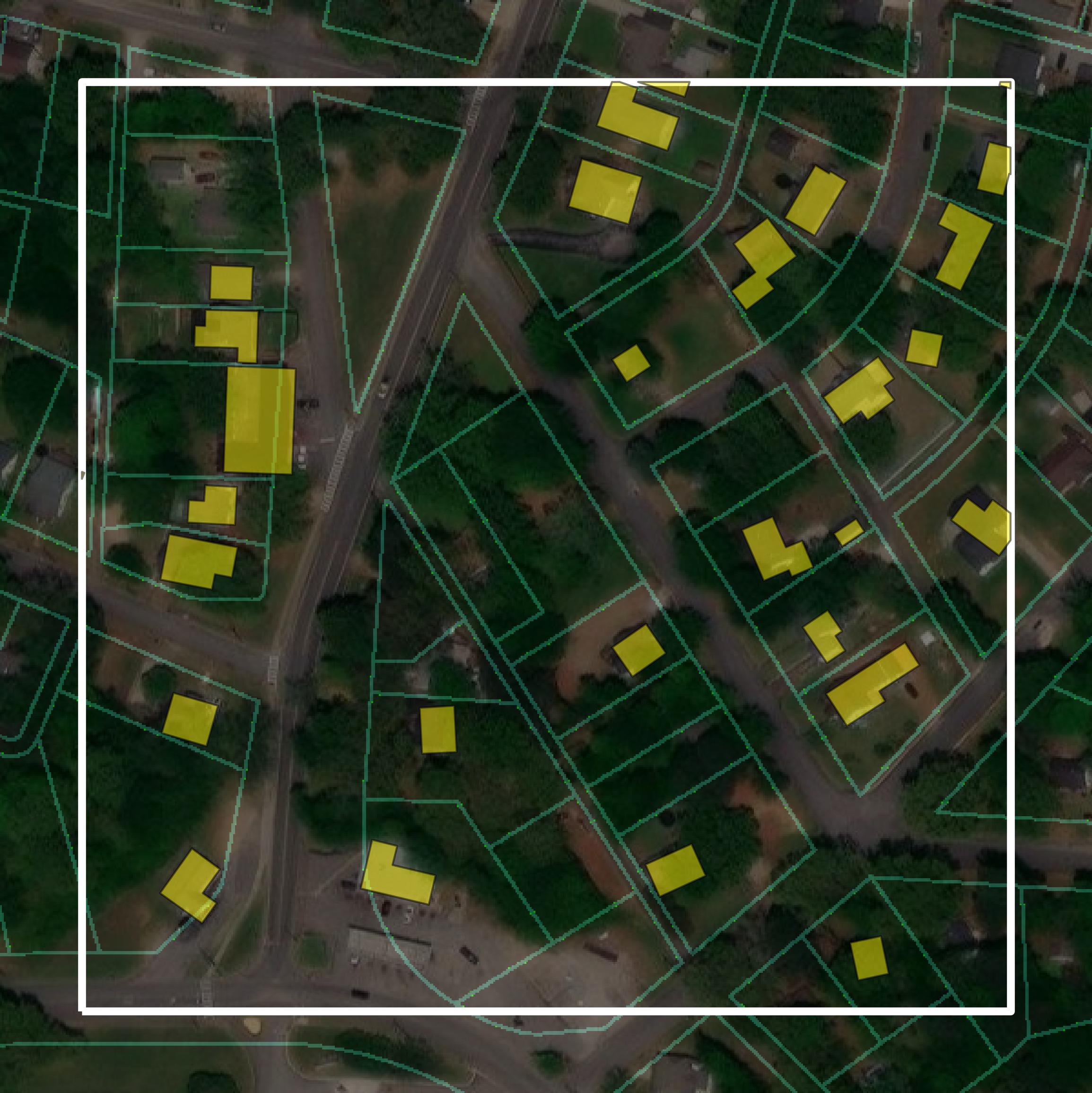 This image shows parcel and building data in Lauderdale County created using GIS data in Equator.
