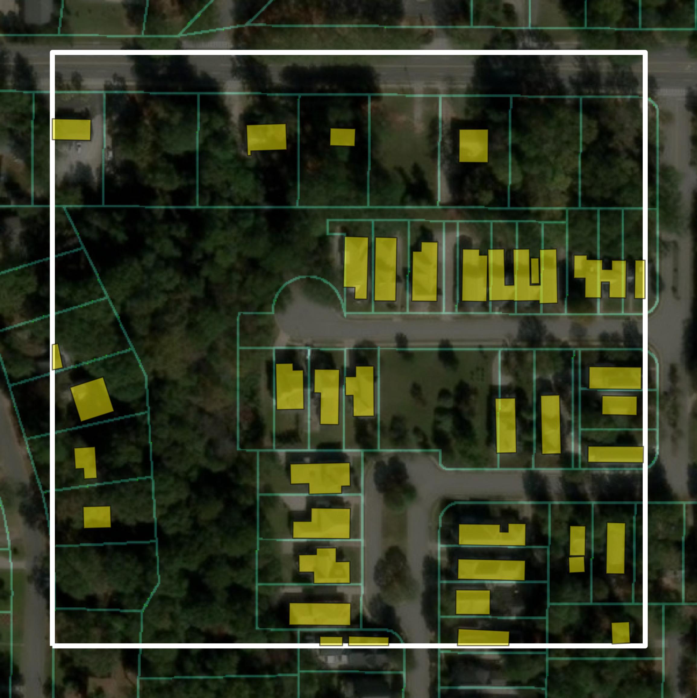 This image shows parcel and building data in Lee County created using GIS data in Equator.