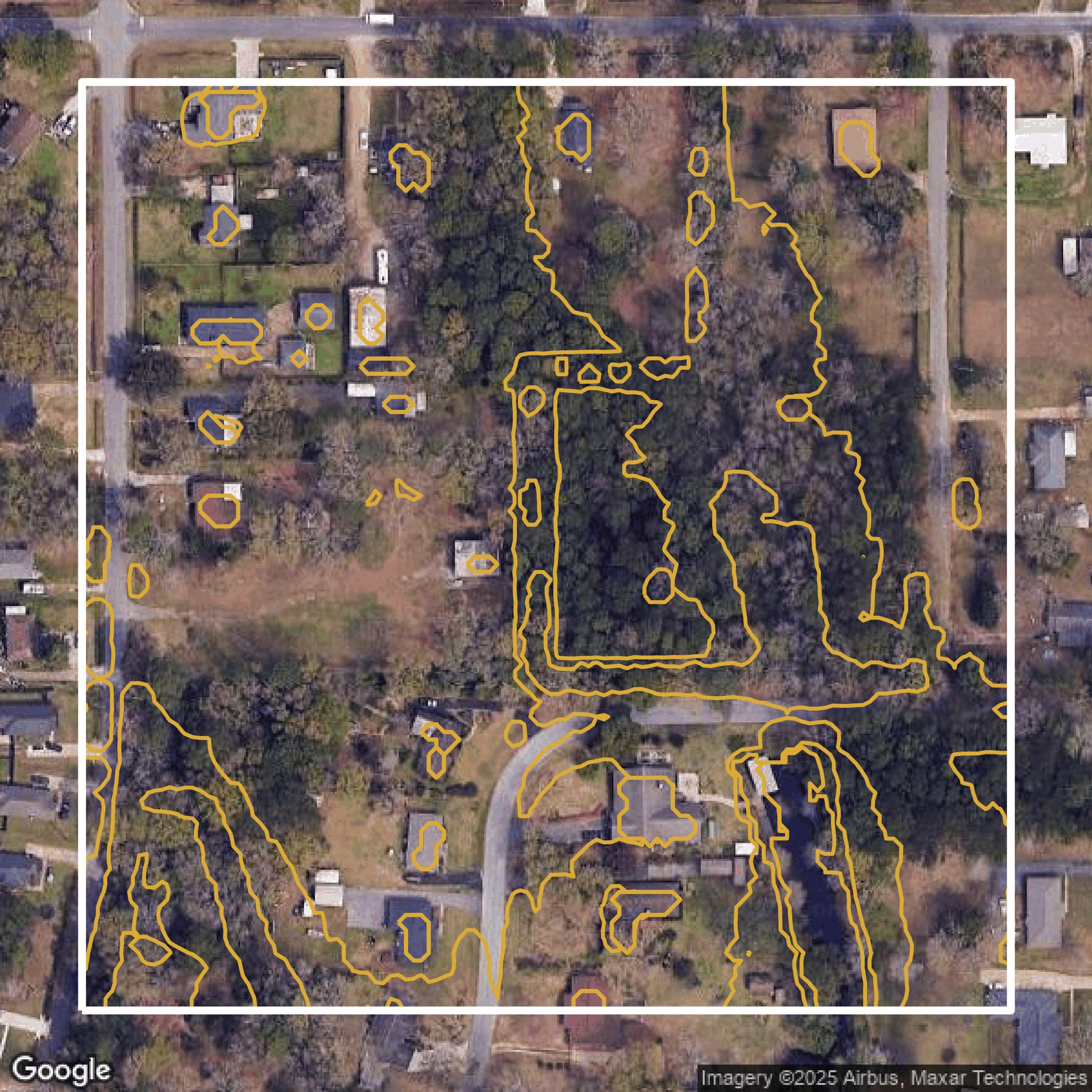 This image shows a contour map in Mobile County created using GIS data in Equator.