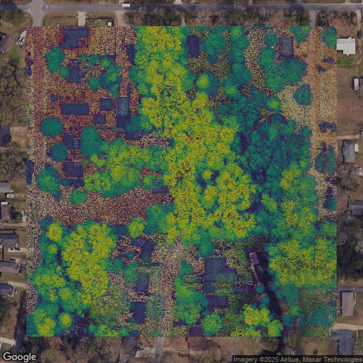 This image shows a LiDAR point cloud in Mobile County created using GIS data in Equator.