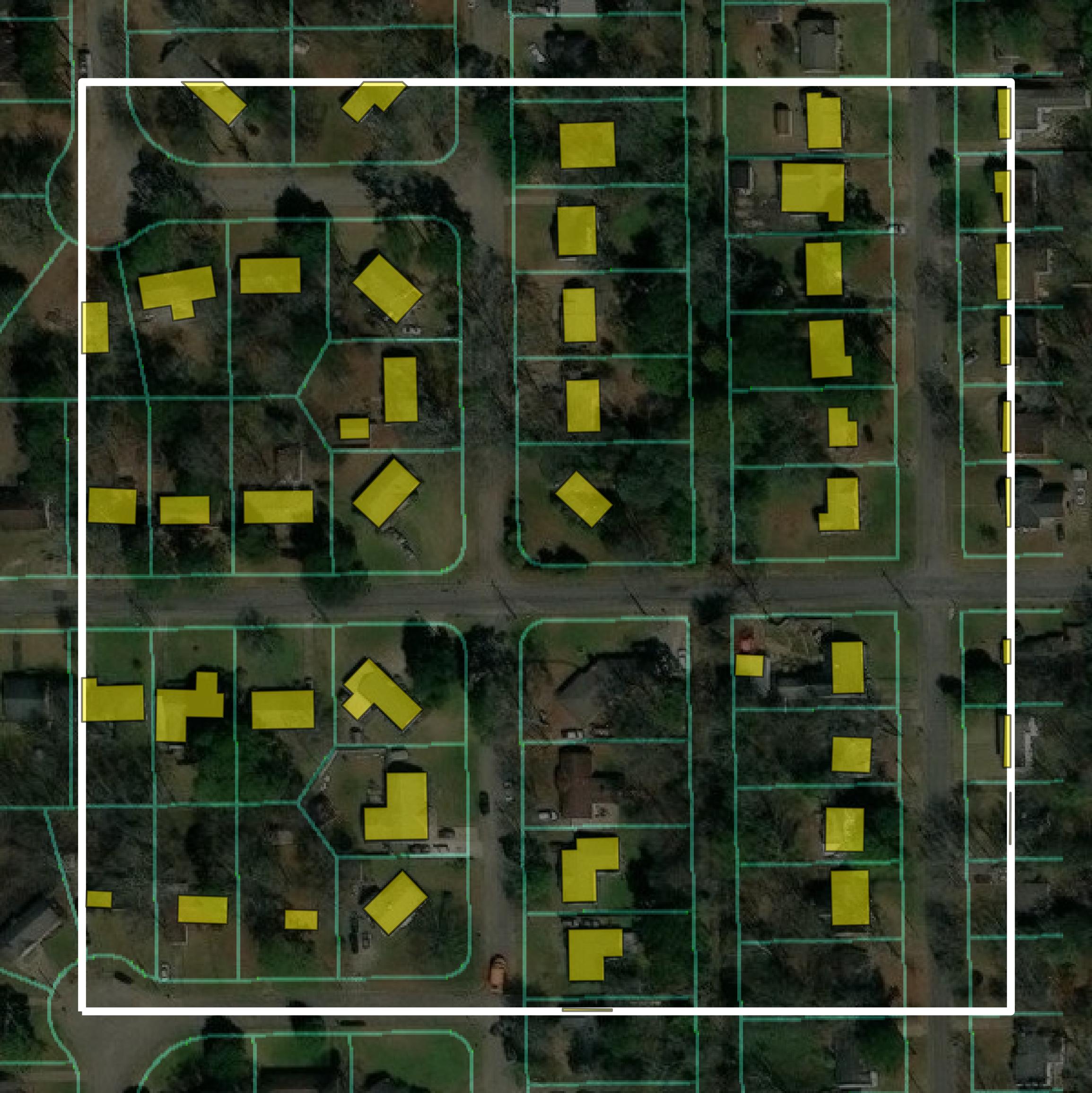 This image shows parcel and building data in Montgomery County created using GIS data in Equator.