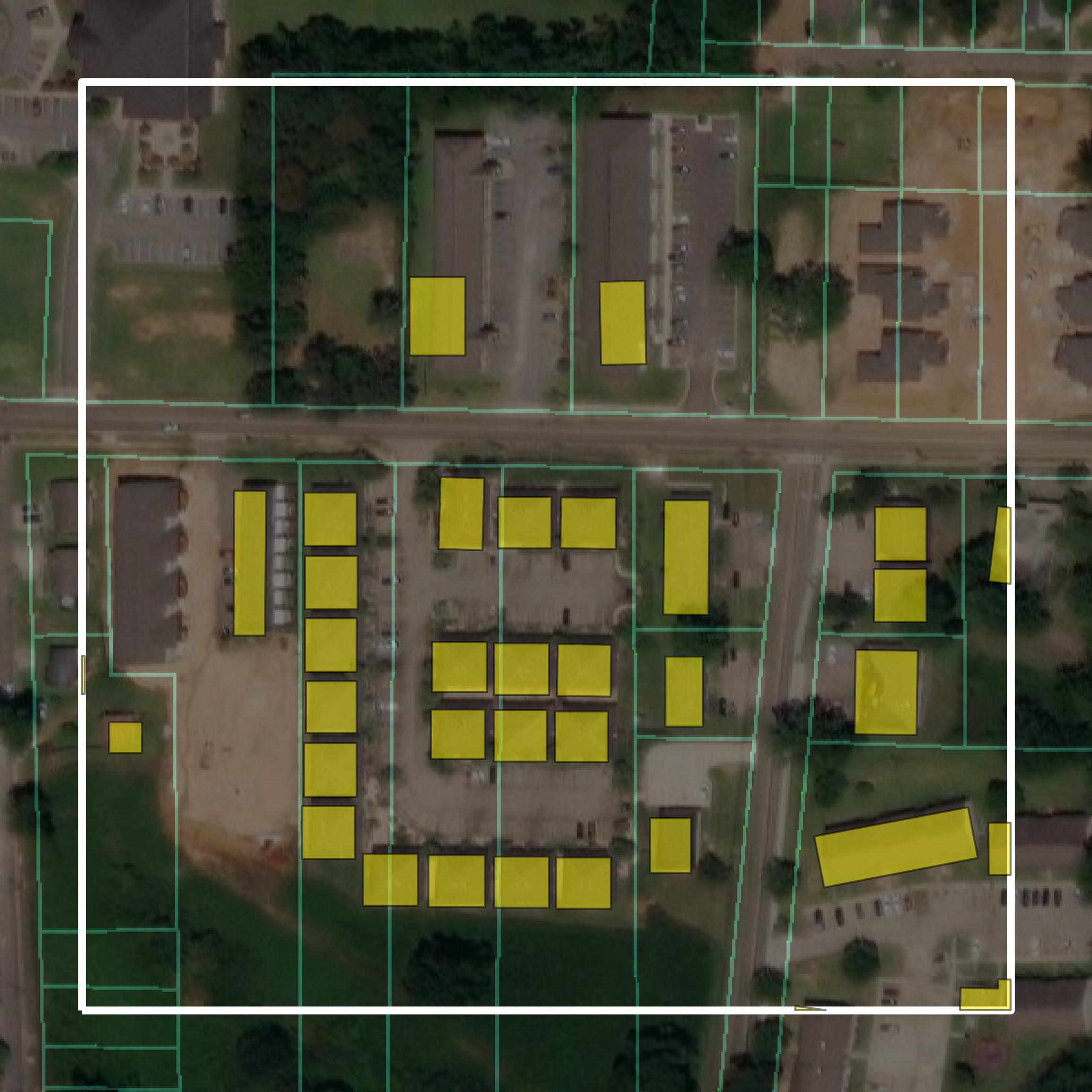 This image shows parcel and building data in Pike County created using GIS data in Equator.