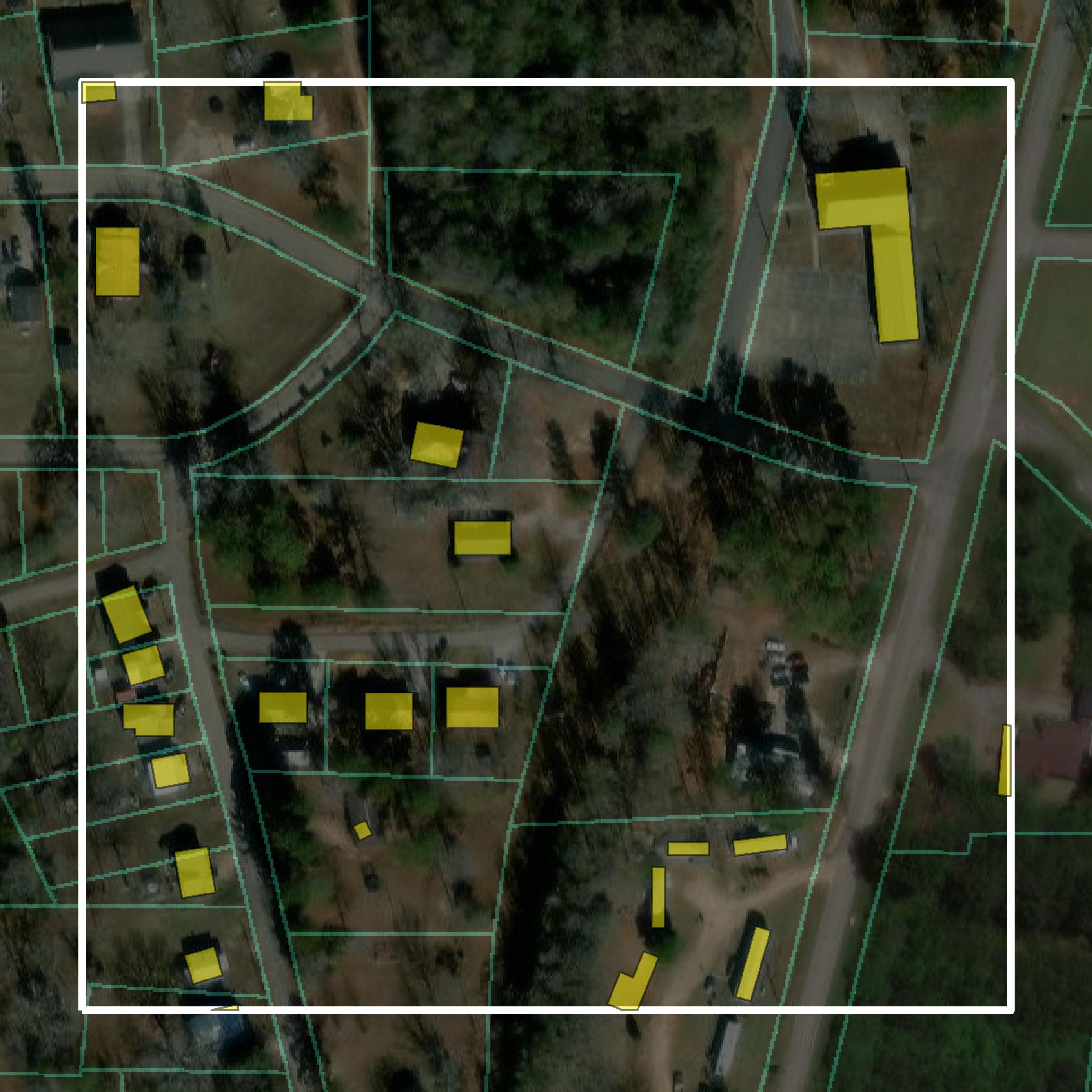 This image shows parcel and building data in Randolph County created using GIS data in Equator.
