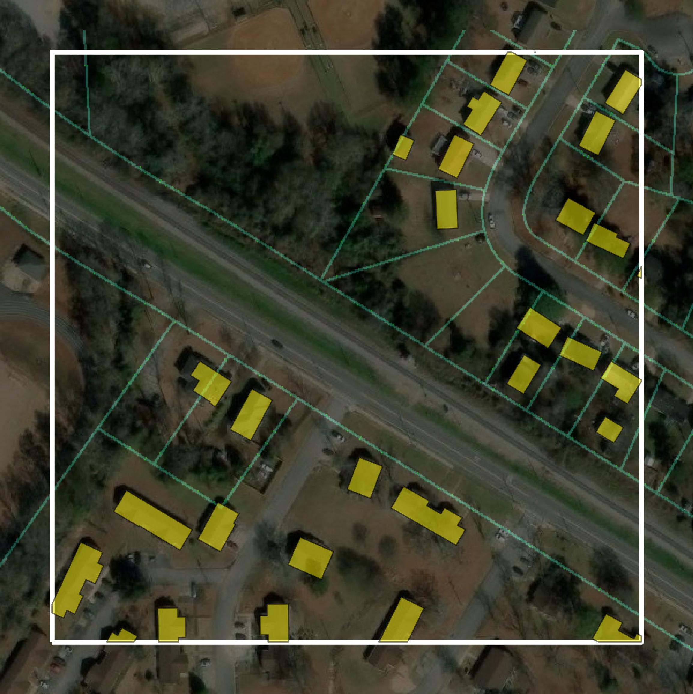 This image shows parcel and building data in Russell County created using GIS data in Equator.