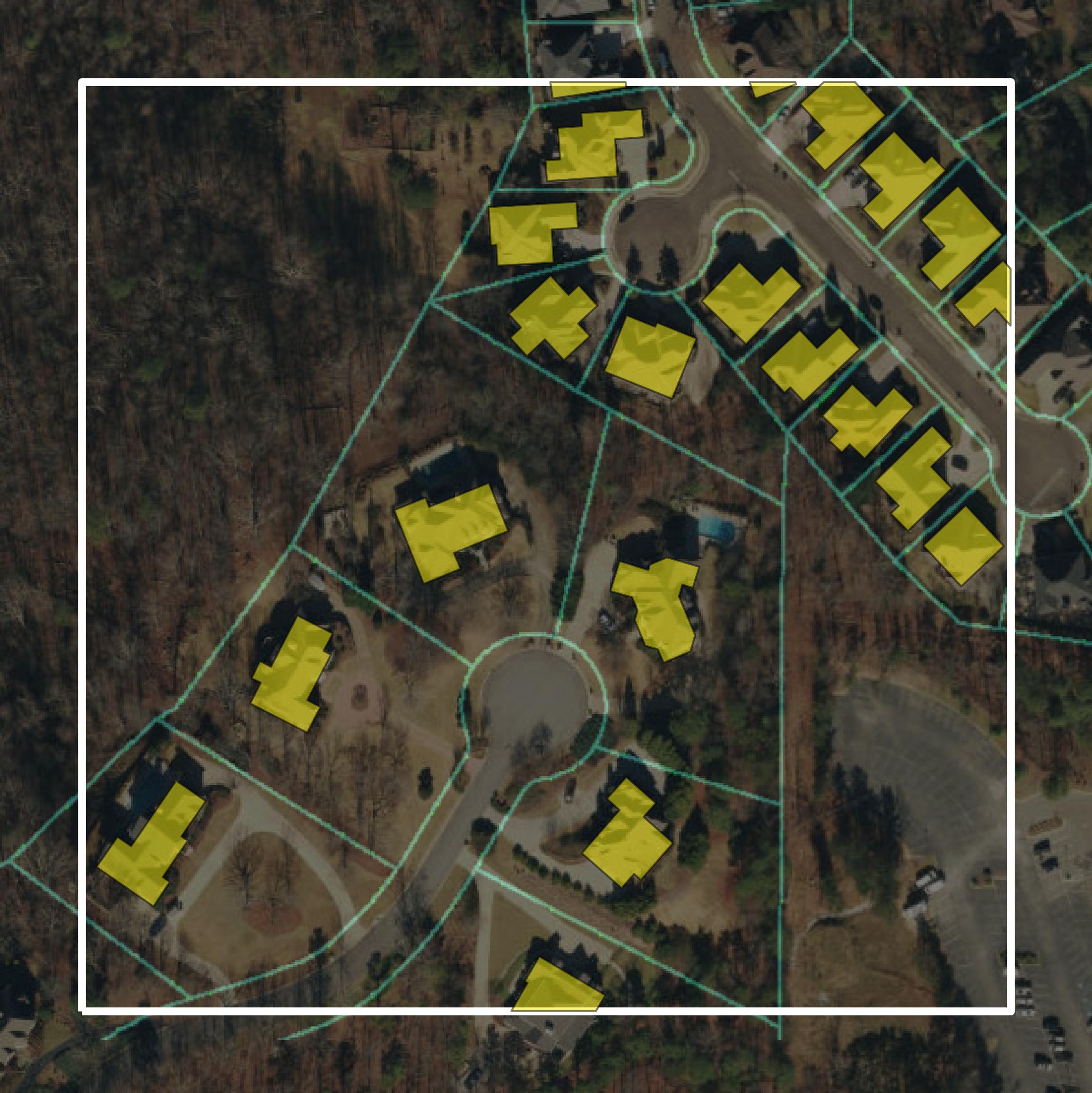 This image shows parcel and building data in Shelby County created using GIS data in Equator.