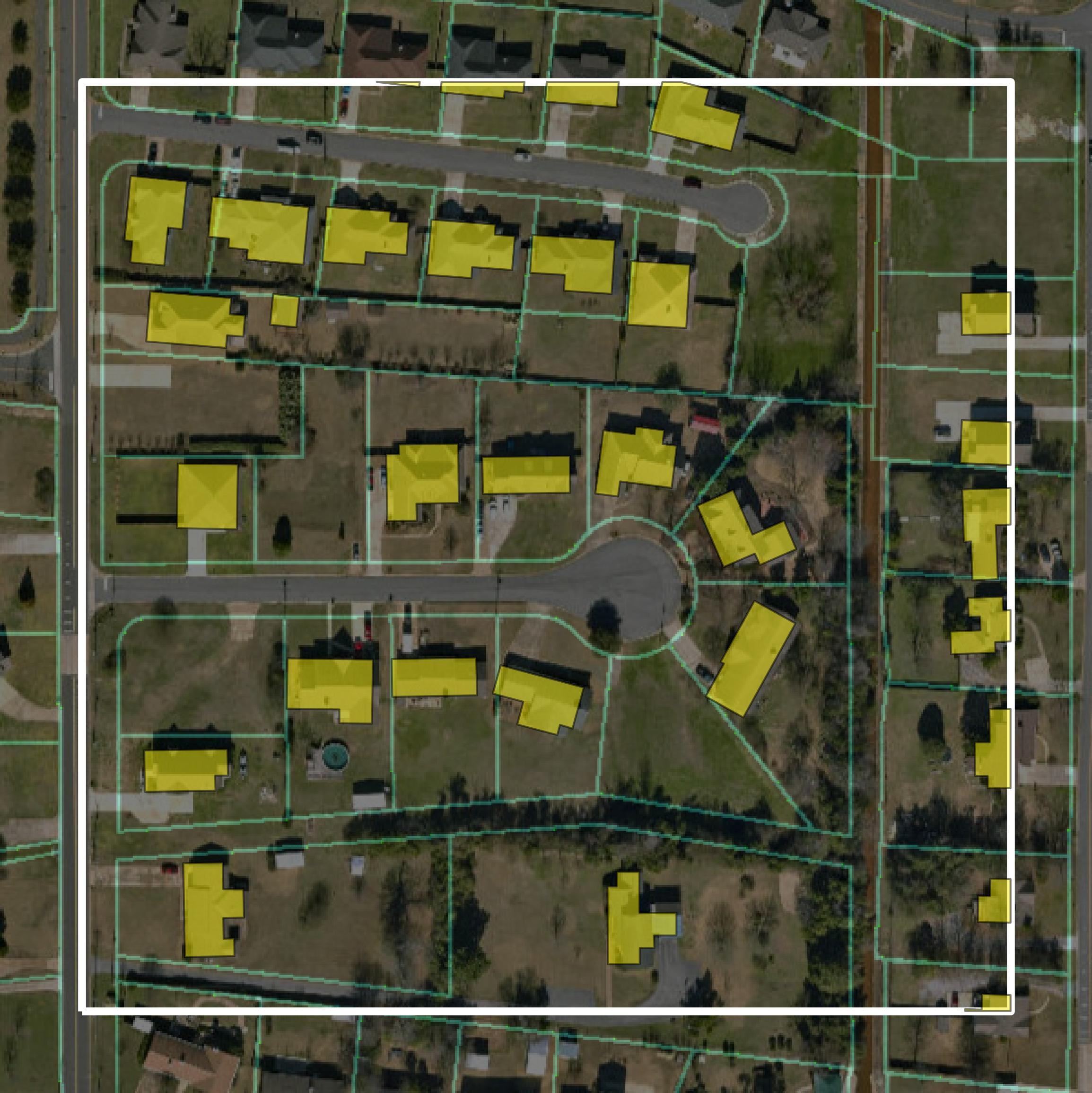 This image shows parcel and building data in Tuscaloosa County created using GIS data in Equator.
