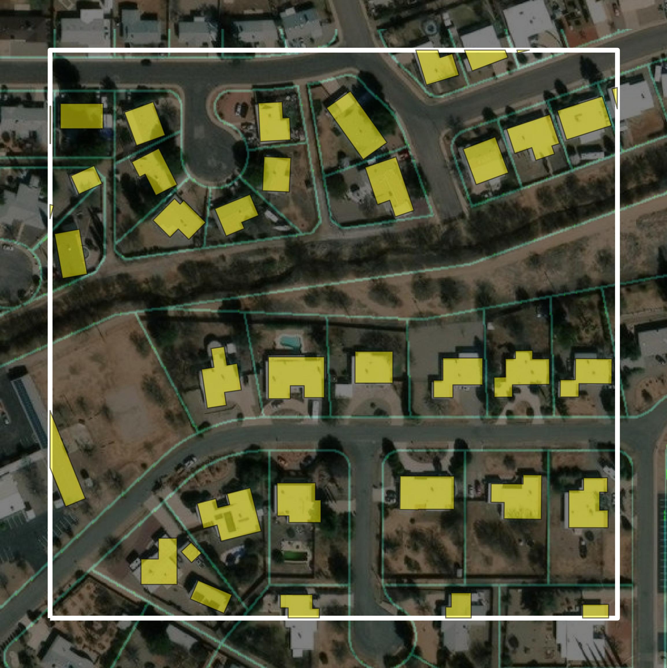 This image shows parcel and building data in Cochise County created using GIS data in Equator.