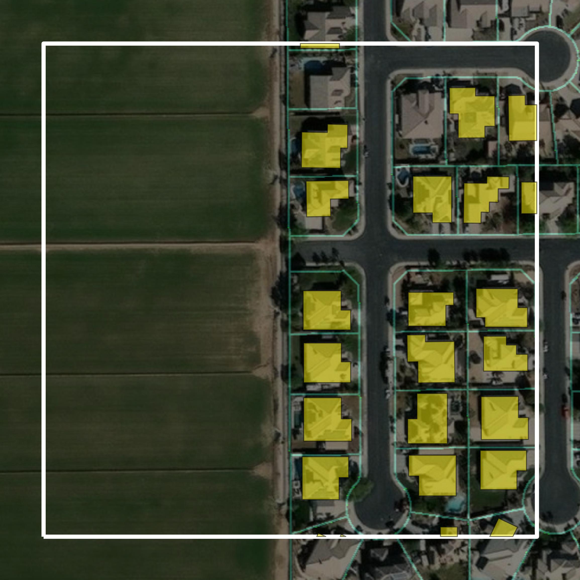 This image shows parcel and building data in Yuma County created using GIS data in Equator.