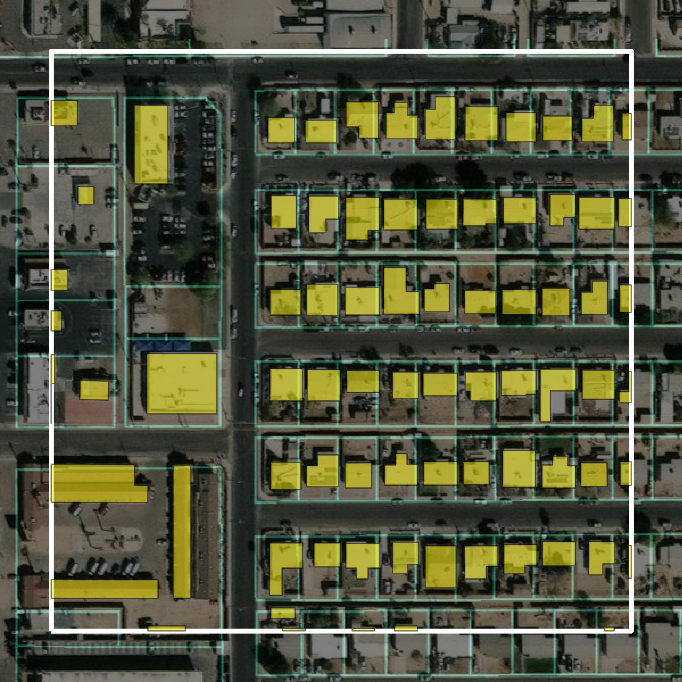This image shows parcel and building data in Yuma County created using GIS data in Equator.