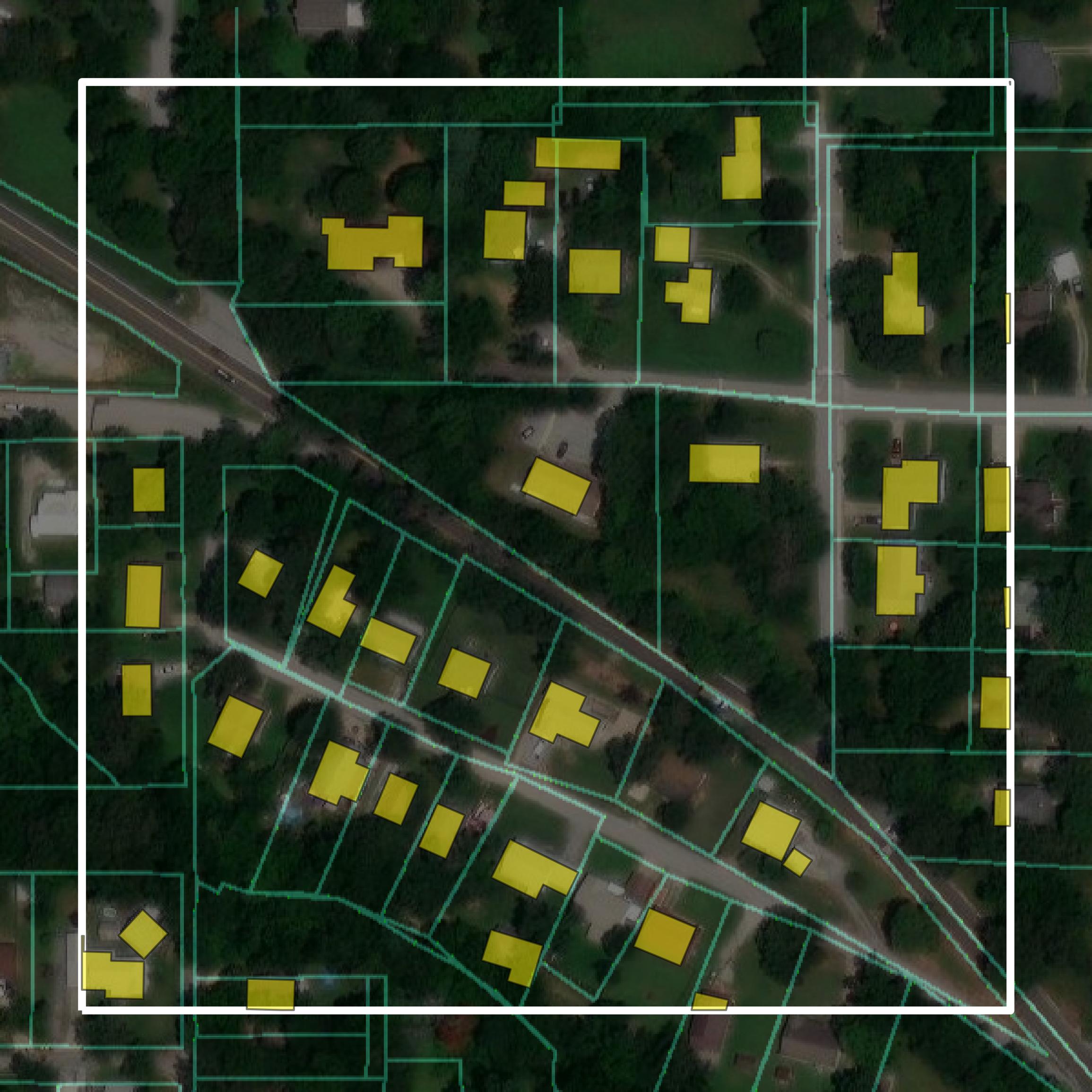 This image shows parcel and building data in Boone County created using GIS data in Equator.