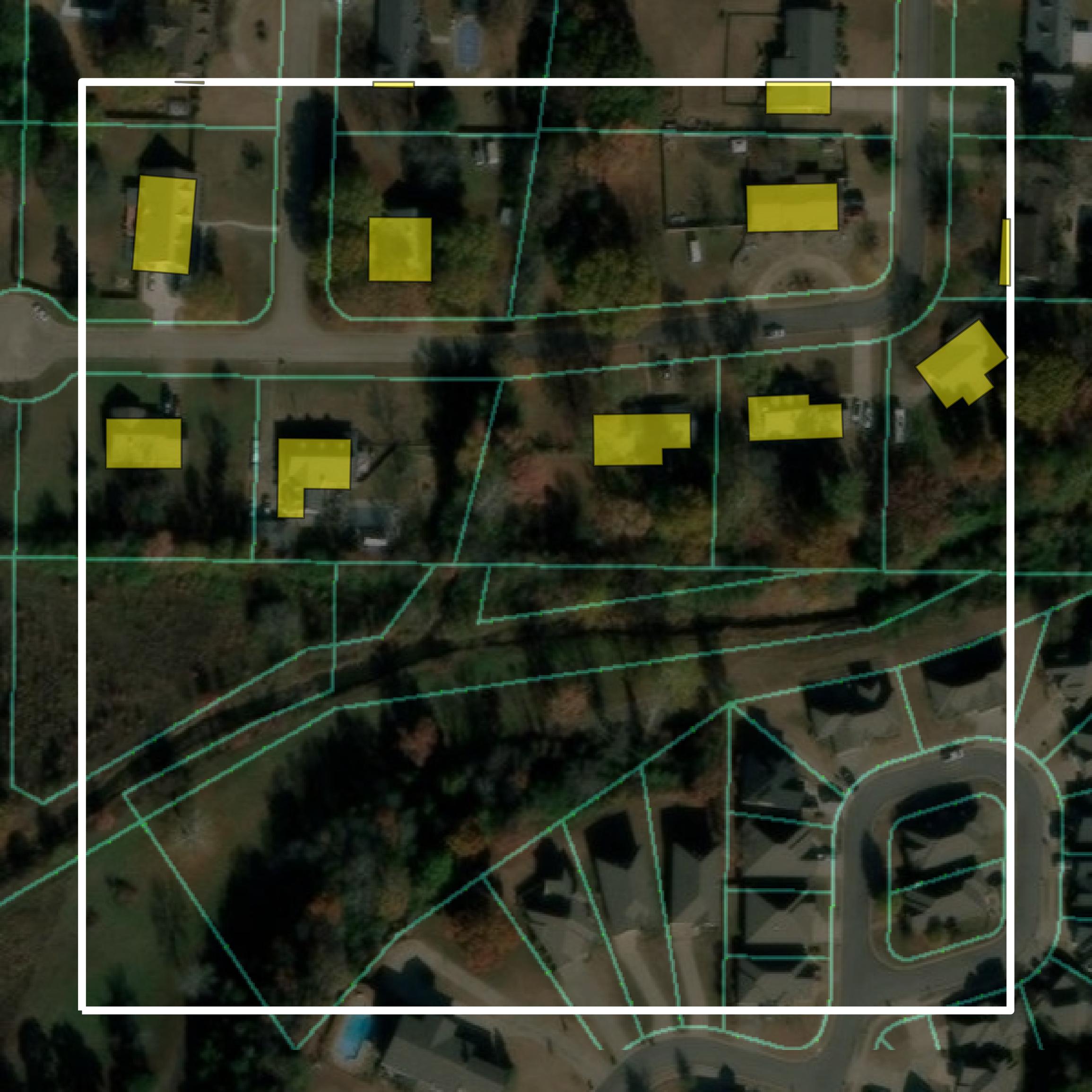 This image shows parcel and building data in Faulkner County created using GIS data in Equator.