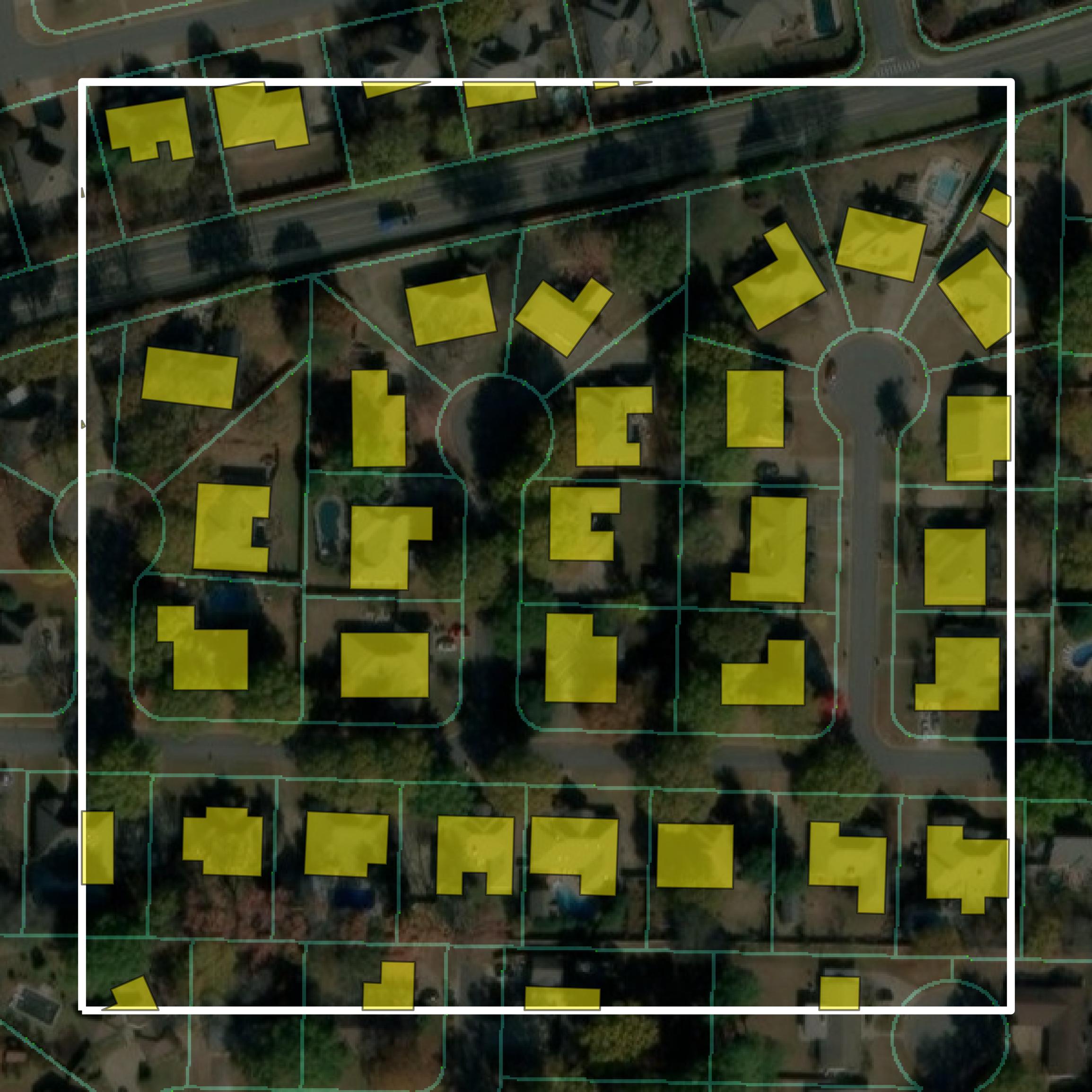 This image shows parcel and building data in Faulkner County created using GIS data in Equator.