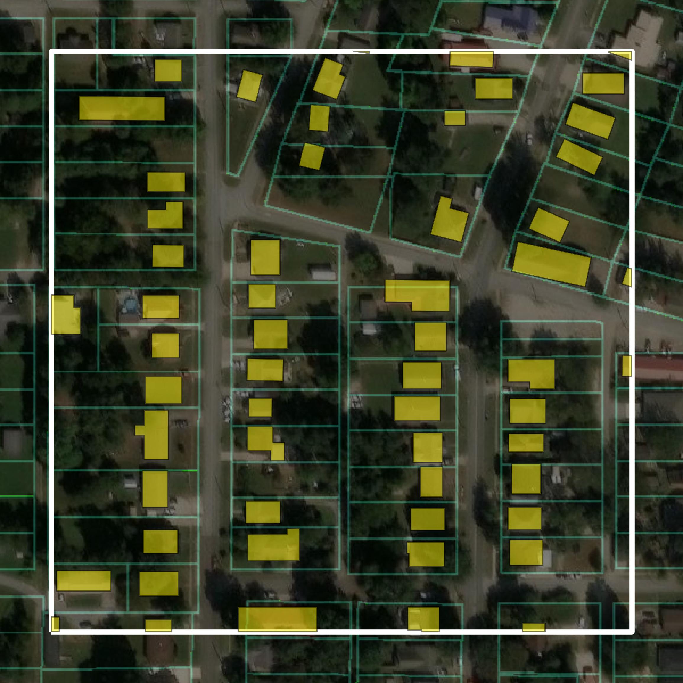 This image shows parcel and building data in Greene County created using GIS data in Equator.