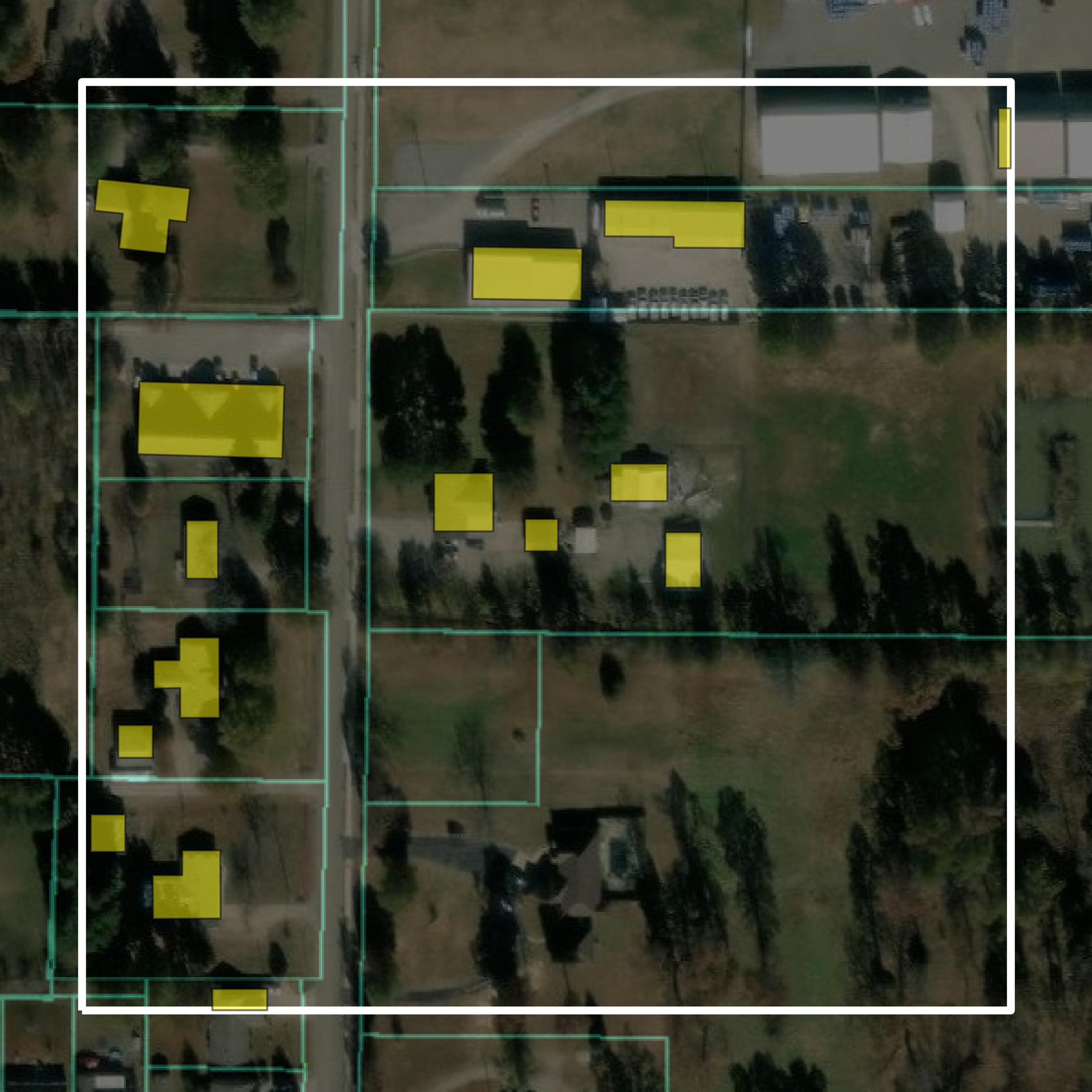 This image shows parcel and building data in Greene County created using GIS data in Equator.