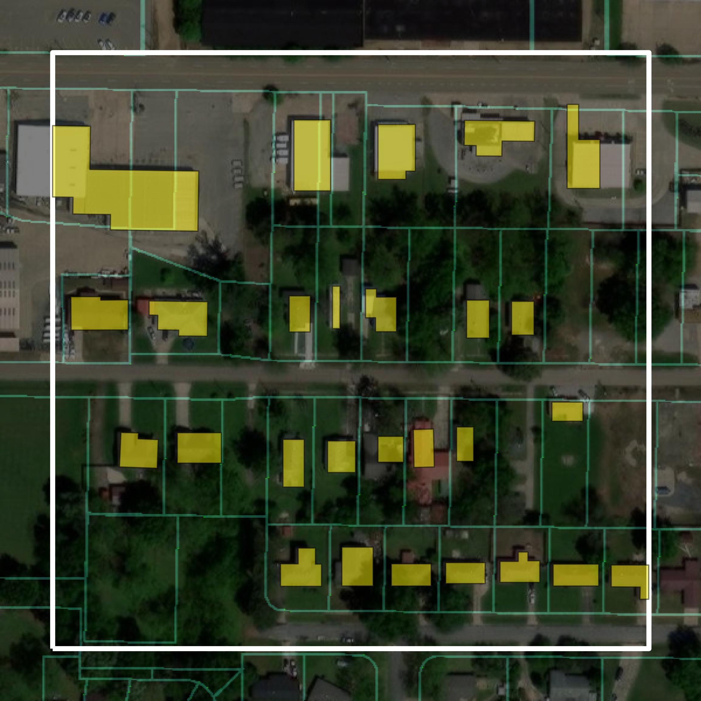 This image shows parcel and building data in Lee County created using GIS data in Equator.