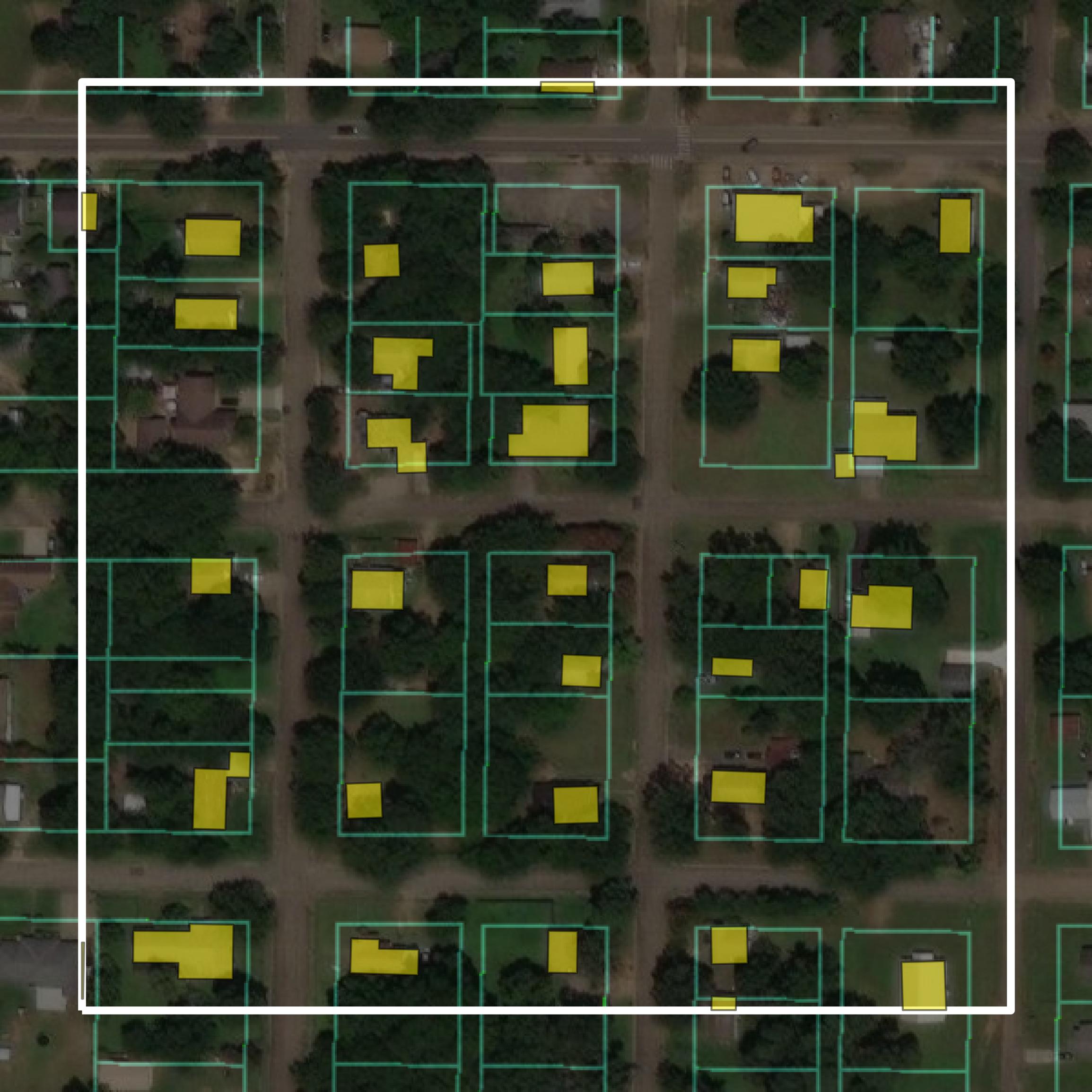 This image shows parcel and building data in Miller County created using GIS data in Equator.