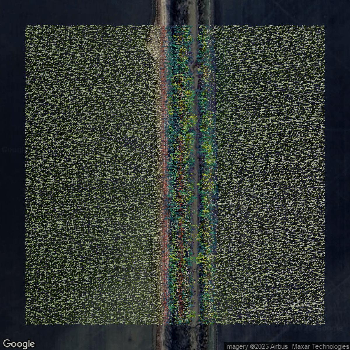 This image shows a LiDAR point cloud in Pulaski County created using GIS data in Equator.