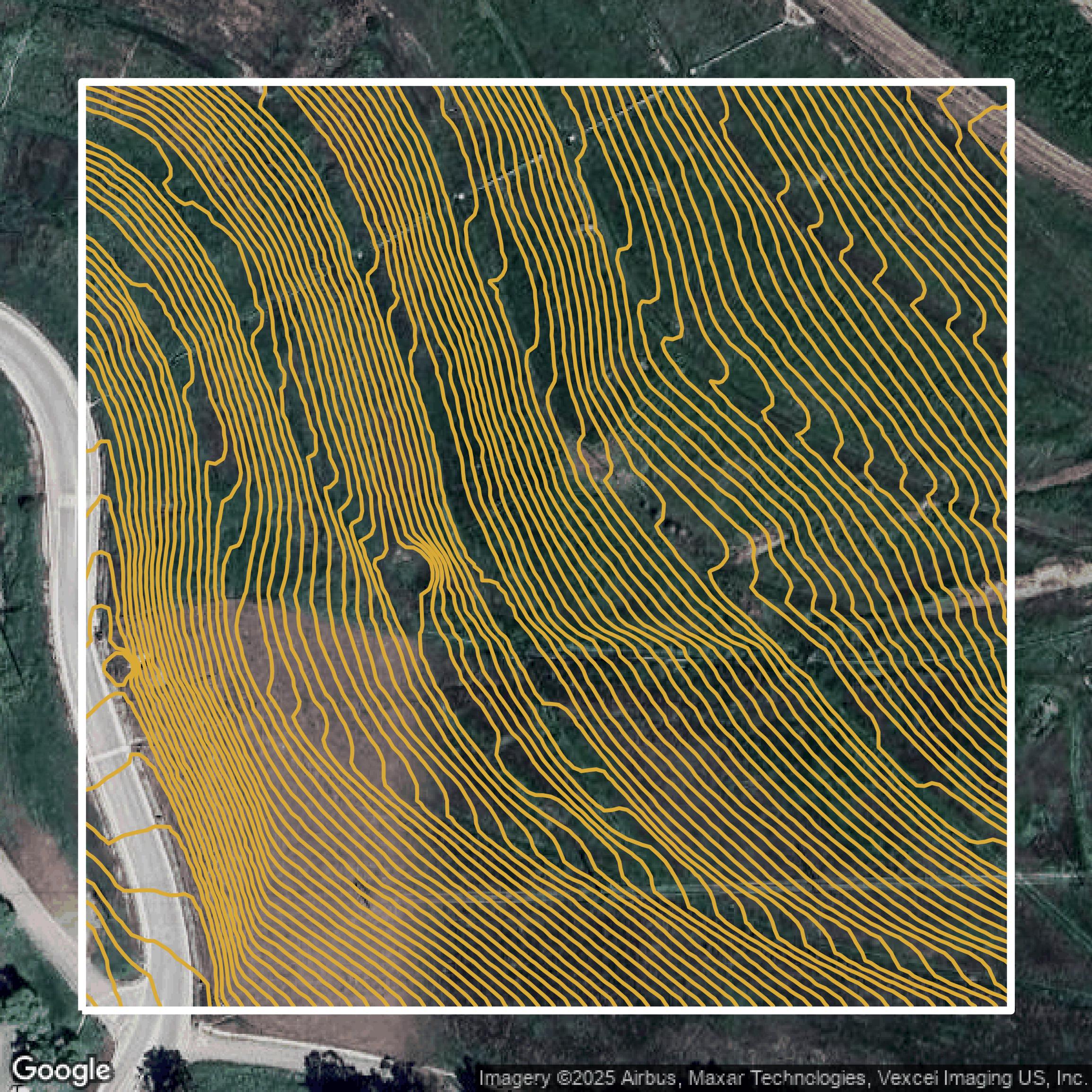 This image shows a contour map in Alameda County created using GIS data in Equator.