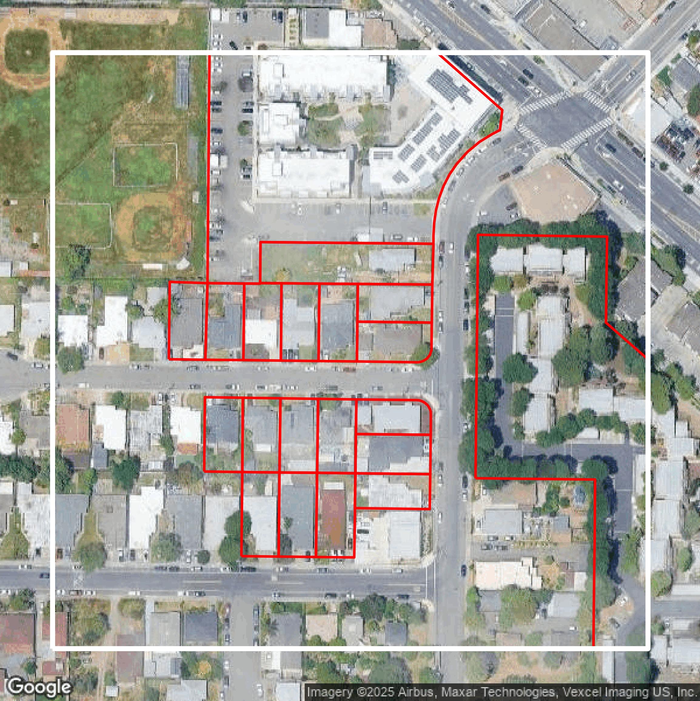 This image shows parcel and building data in Alameda County created using GIS data in Equator.