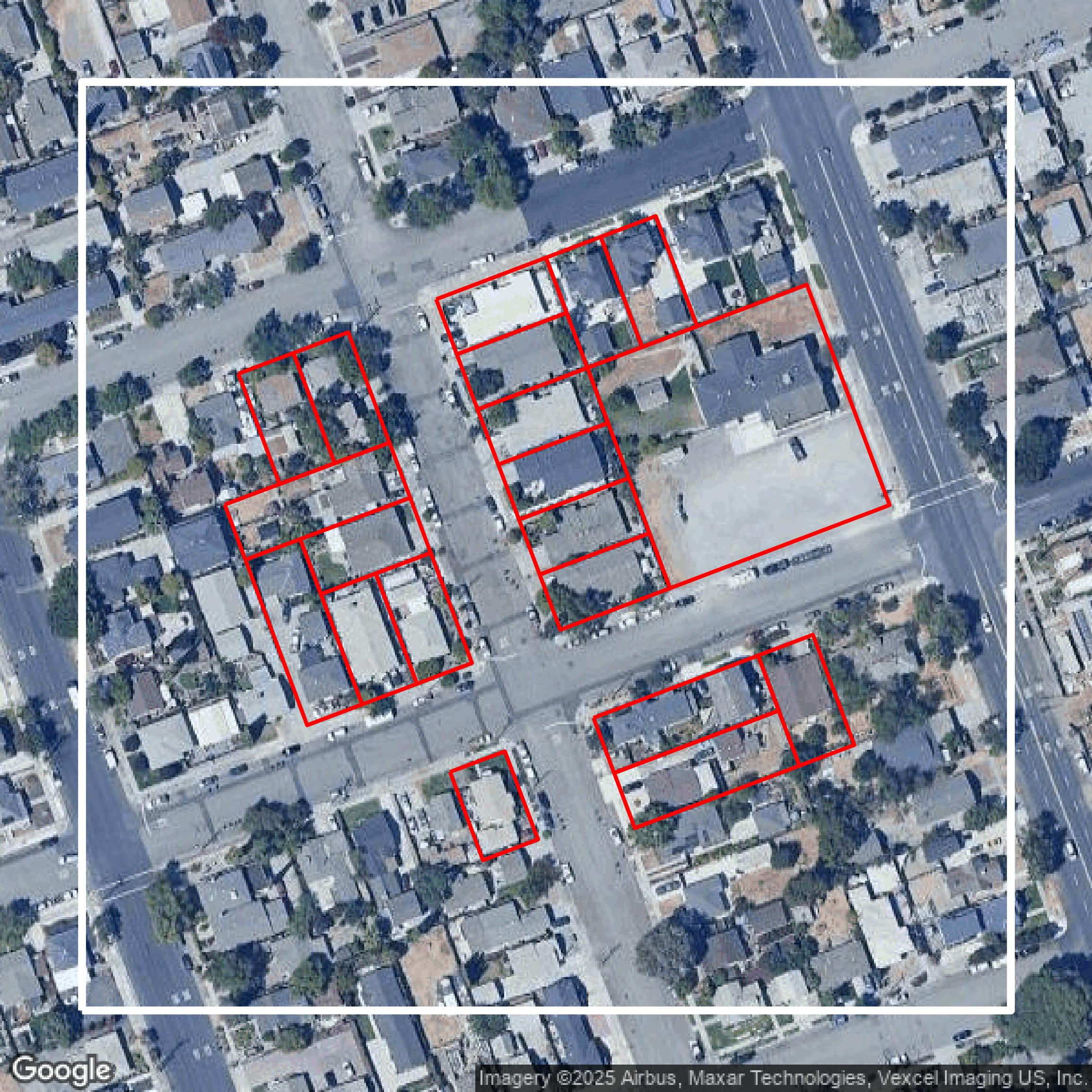 This image shows parcel and building data in Alameda County created using GIS data in Equator.
