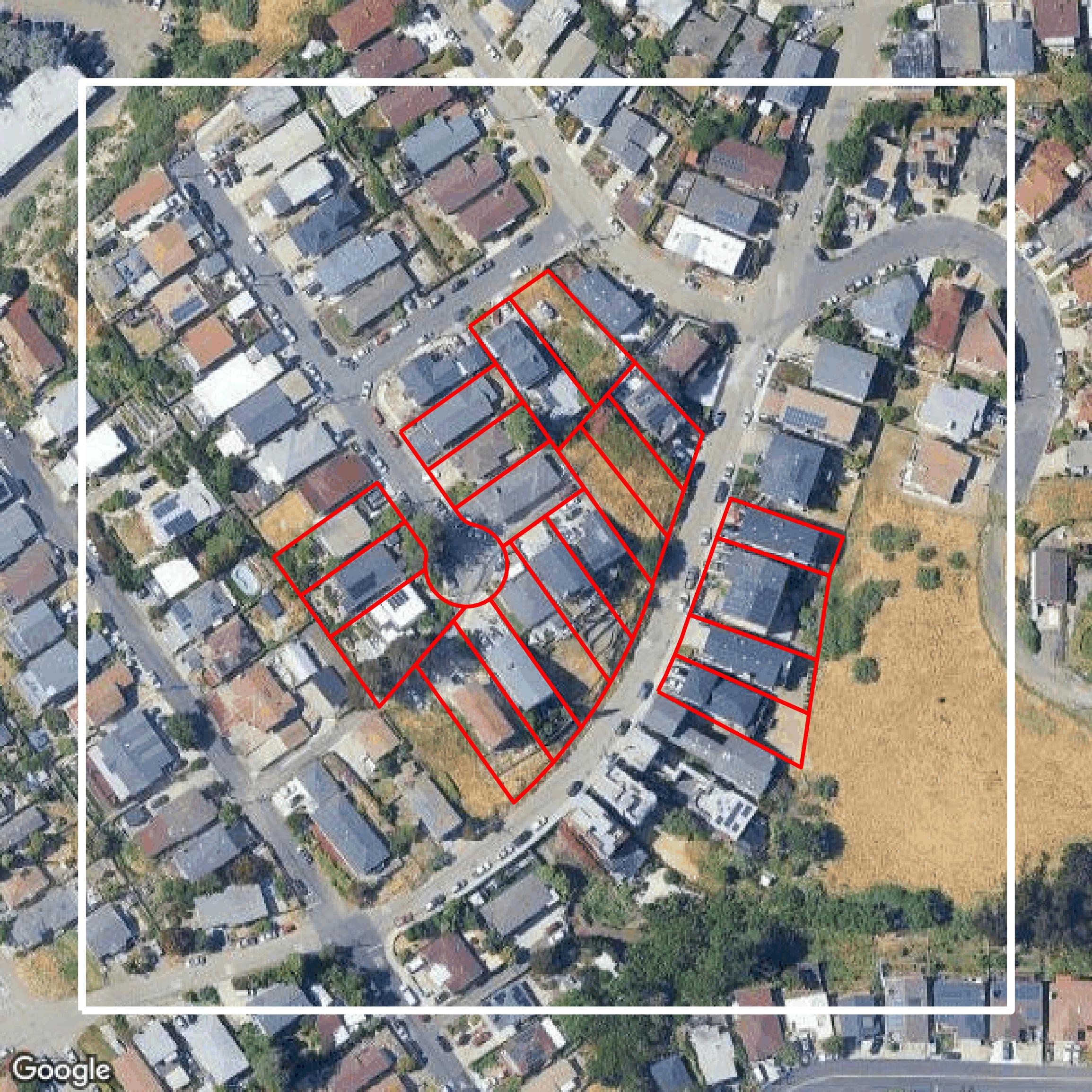 This image shows parcel and building data in Alameda County created using GIS data in Equator.