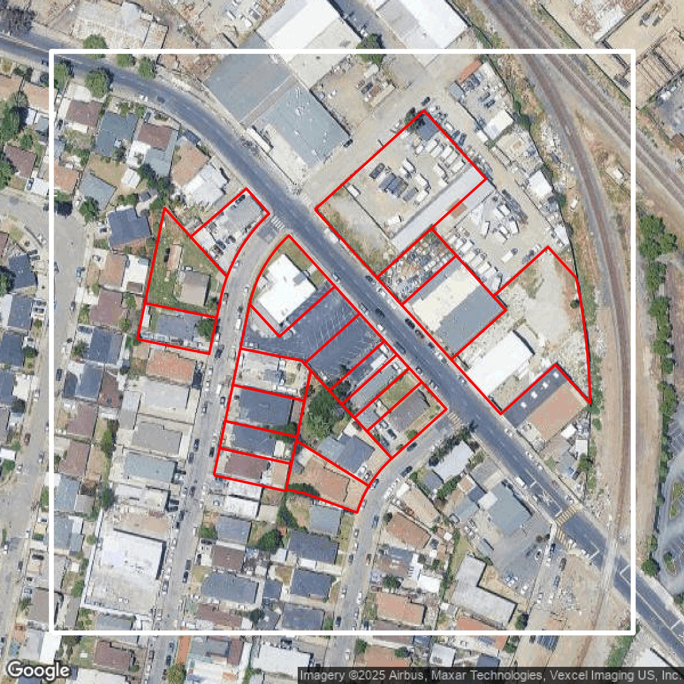 This image shows parcel and building data in Alameda County created using GIS data in Equator.
