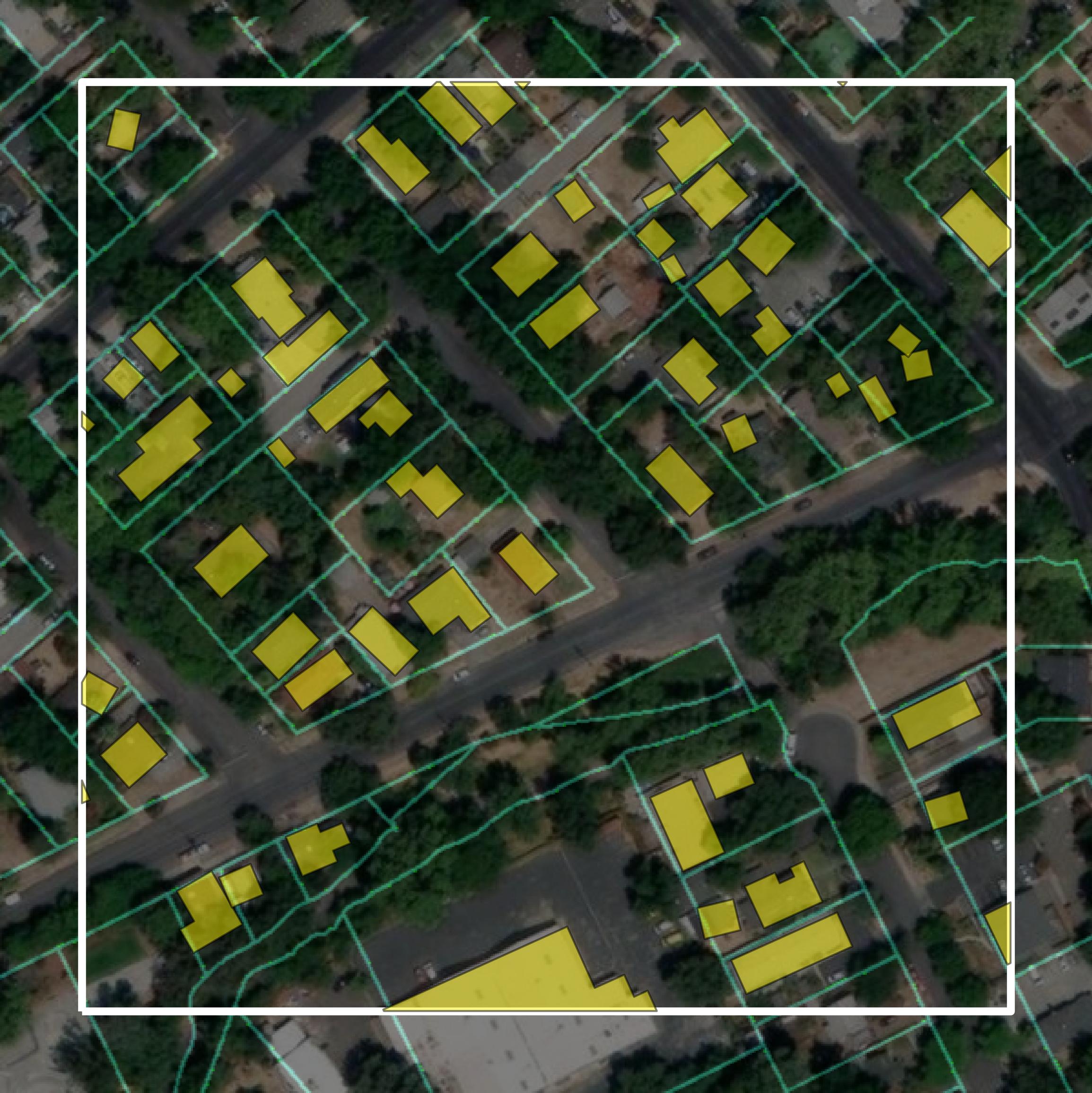 This image shows parcel and building data in Butte County created using GIS data in Equator.