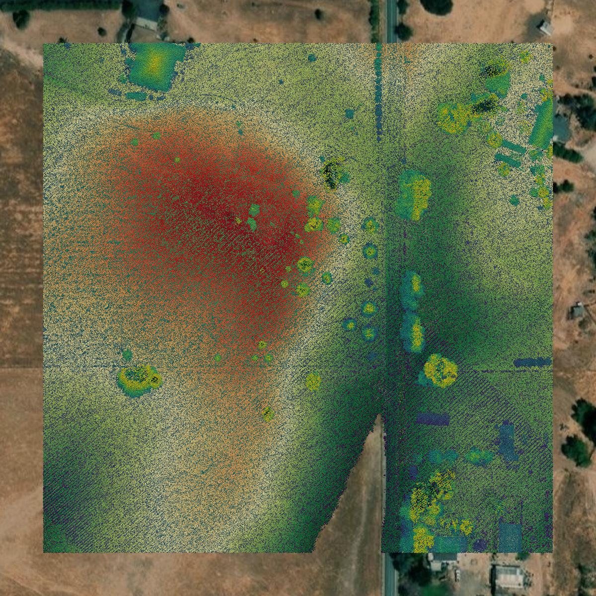 This image shows a LiDAR point cloud in Calaveras County created using GIS data in Equator.