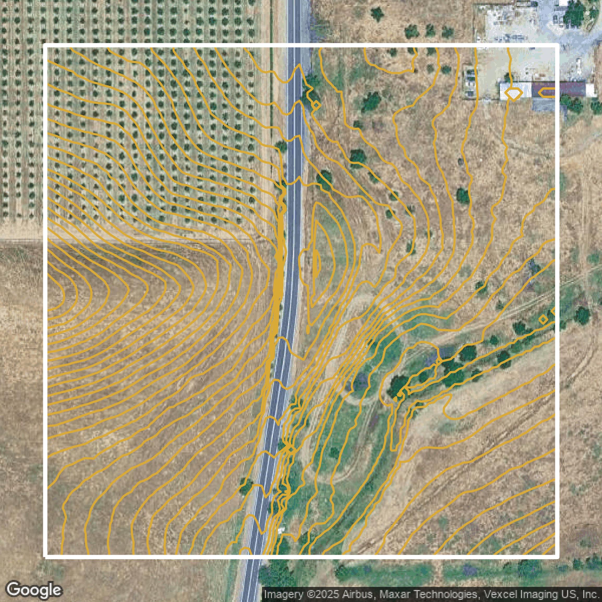 This image shows a contour map in Contra Costa County created using GIS data in Equator.