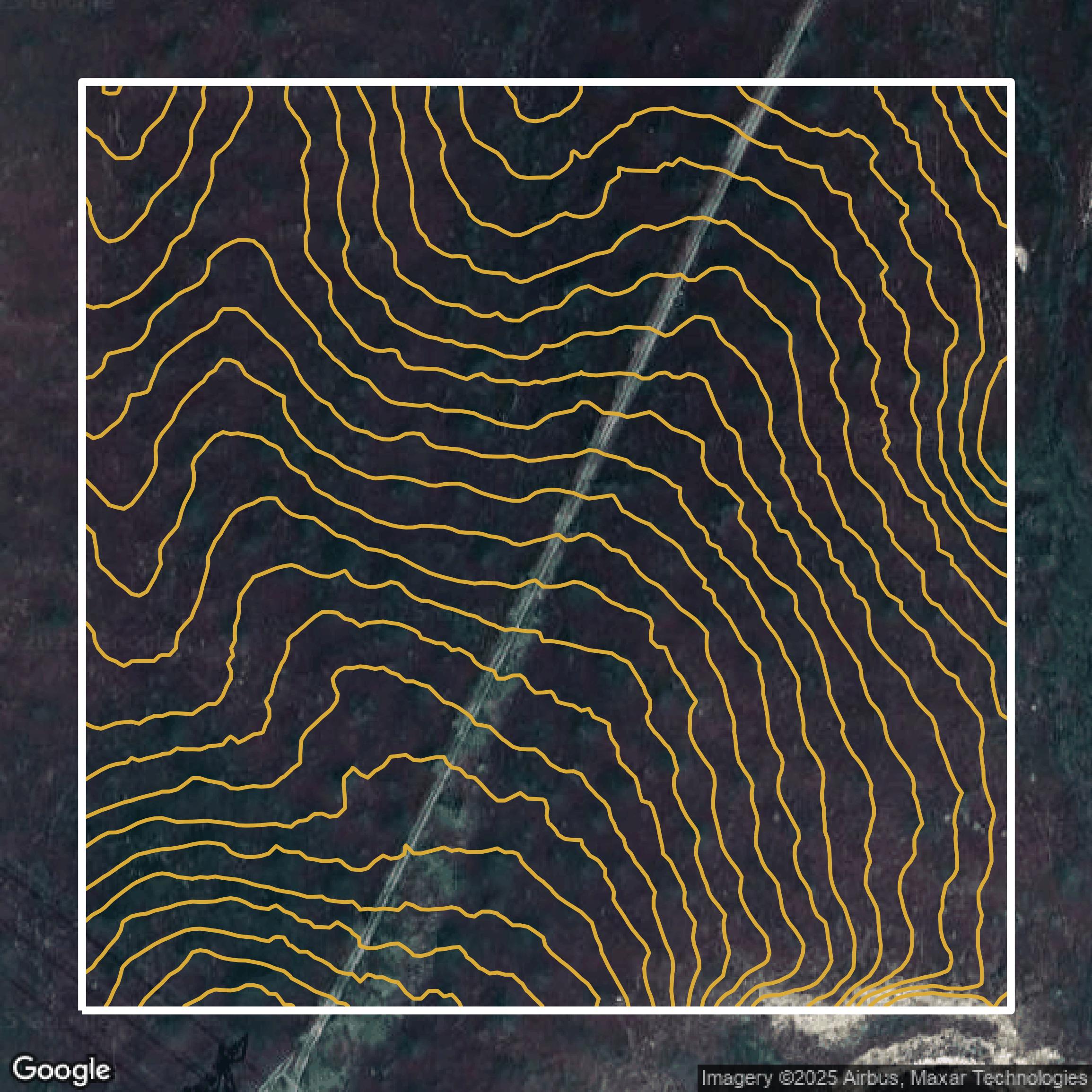 This image shows a contour map in Fresno County created using GIS data in Equator.