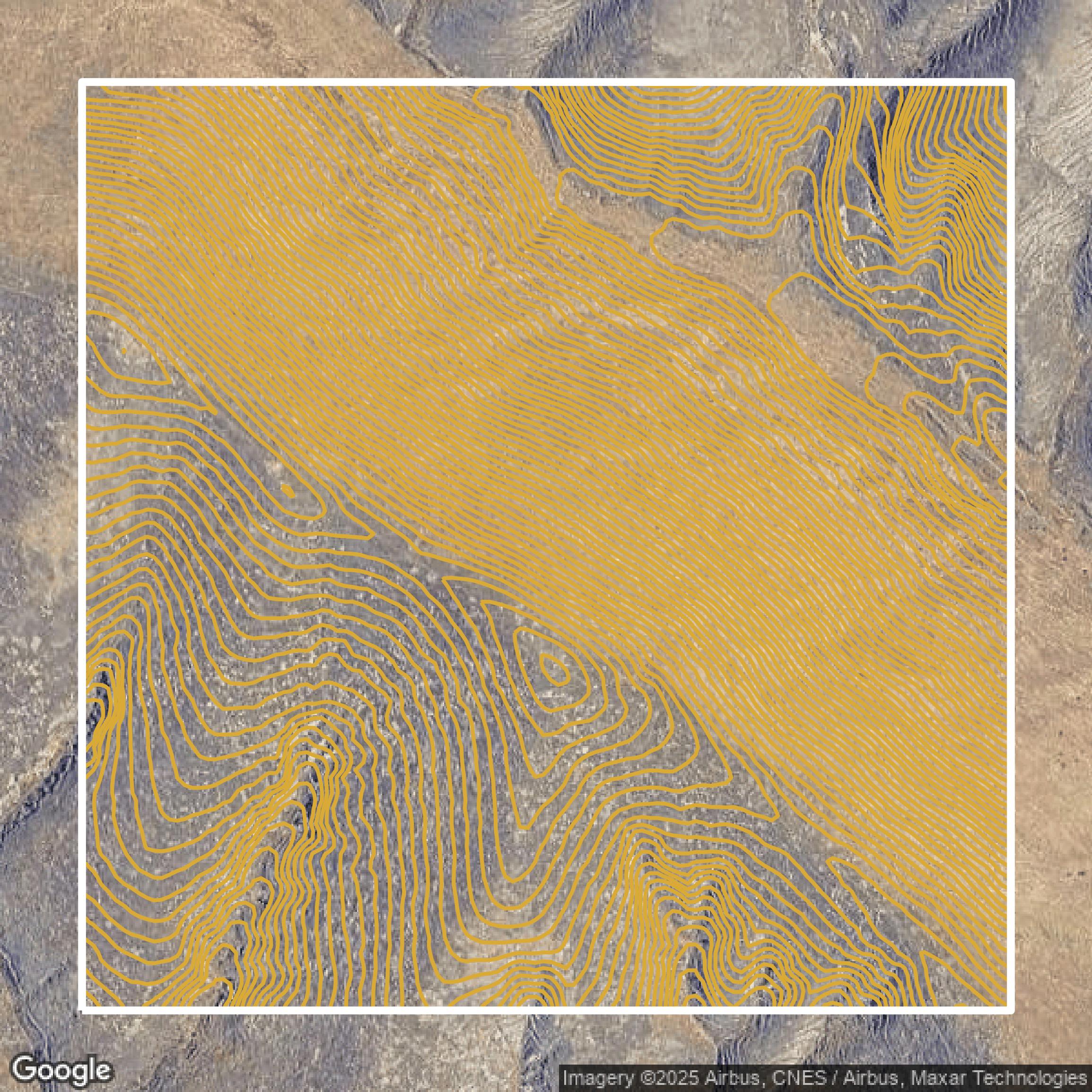 This image shows a contour map in Kern County created using GIS data in Equator.