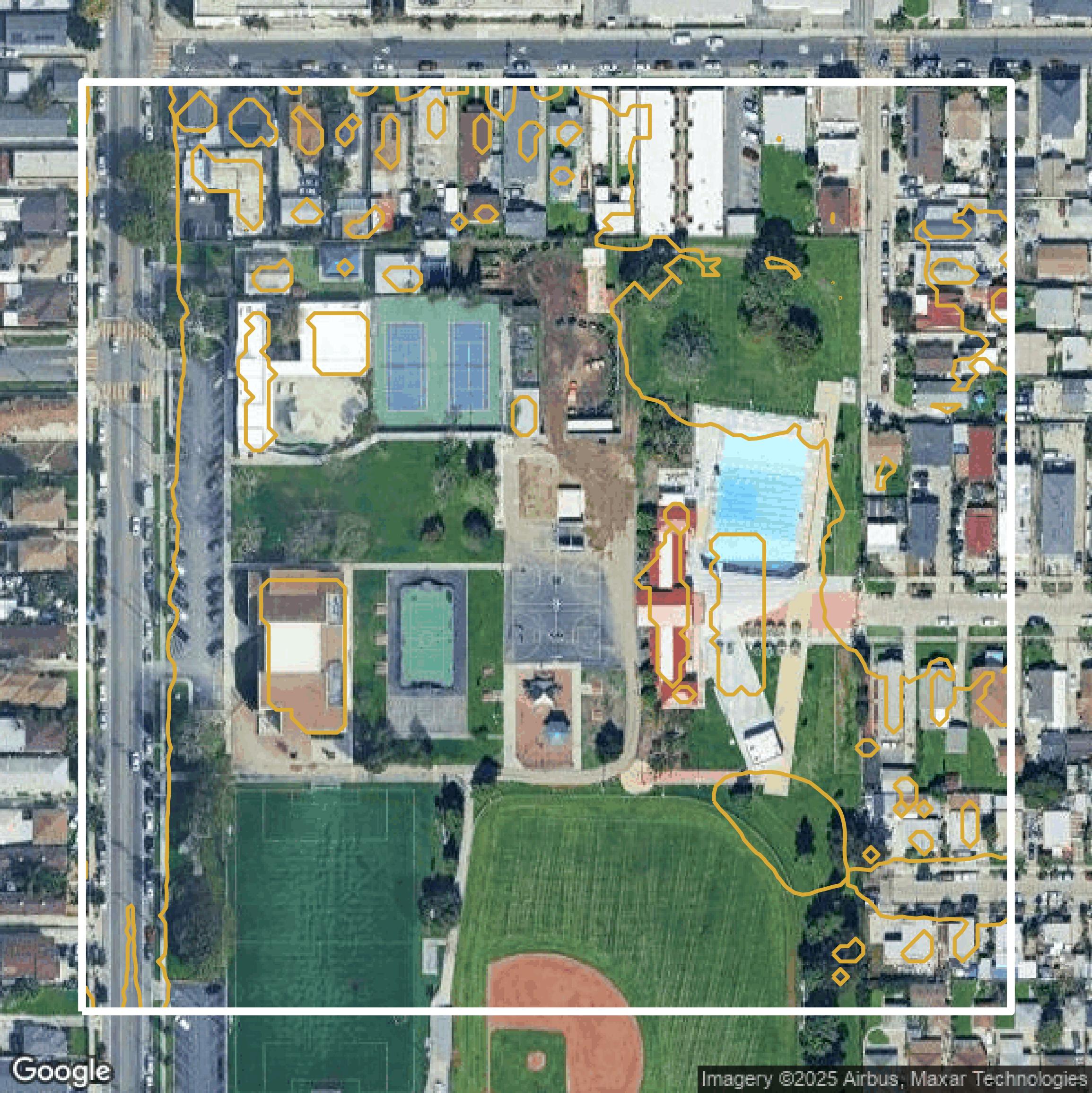 This image shows a contour map in Los Angeles County created using GIS data in Equator.
