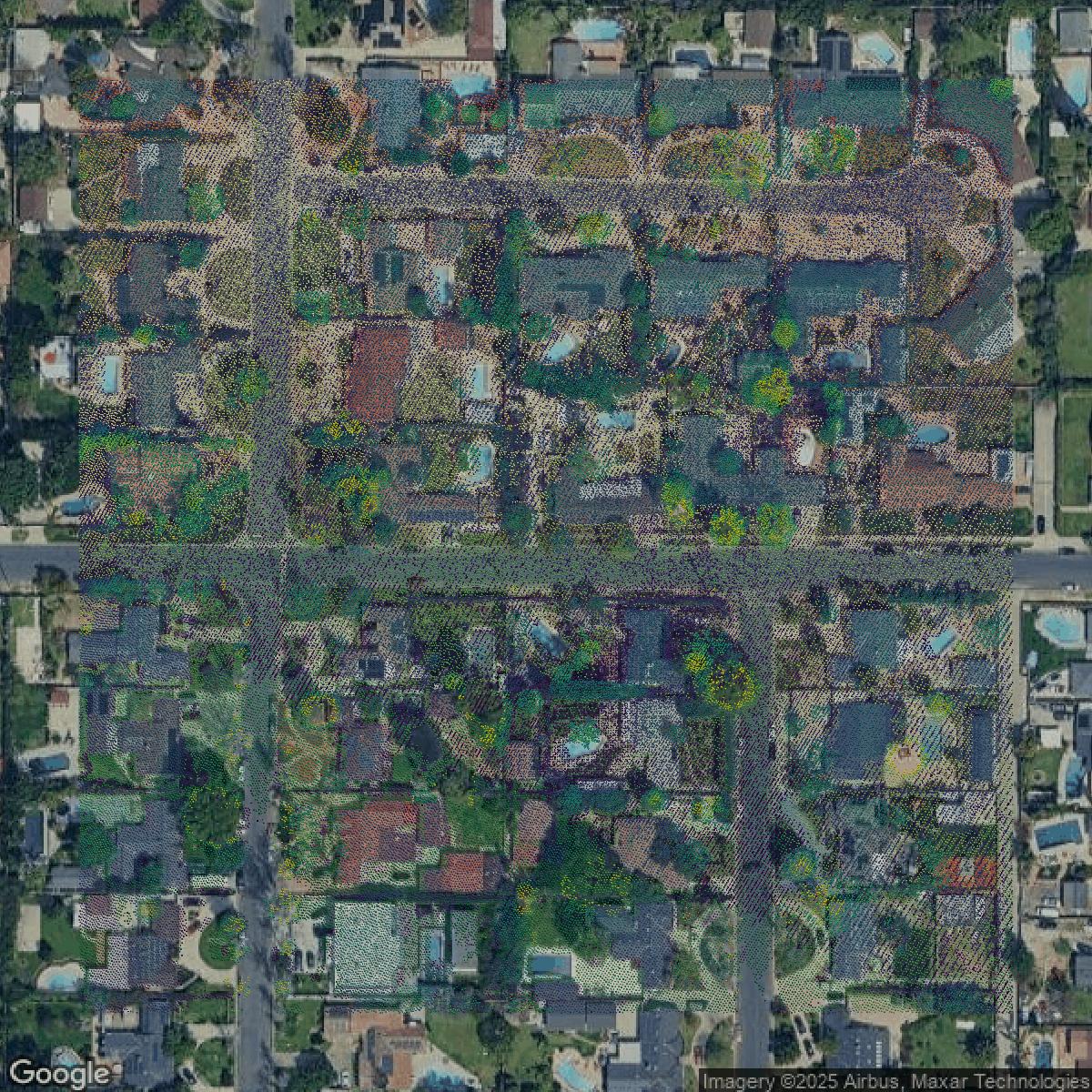 This image shows a LiDAR point cloud in Los Angeles County created using GIS data in Equator.