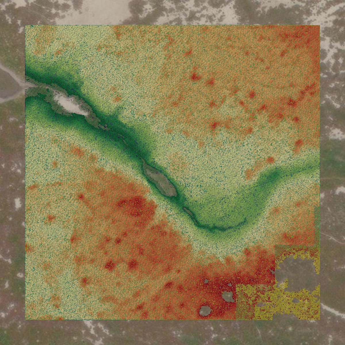 This image shows a LiDAR point cloud in Madera County created using GIS data in Equator.