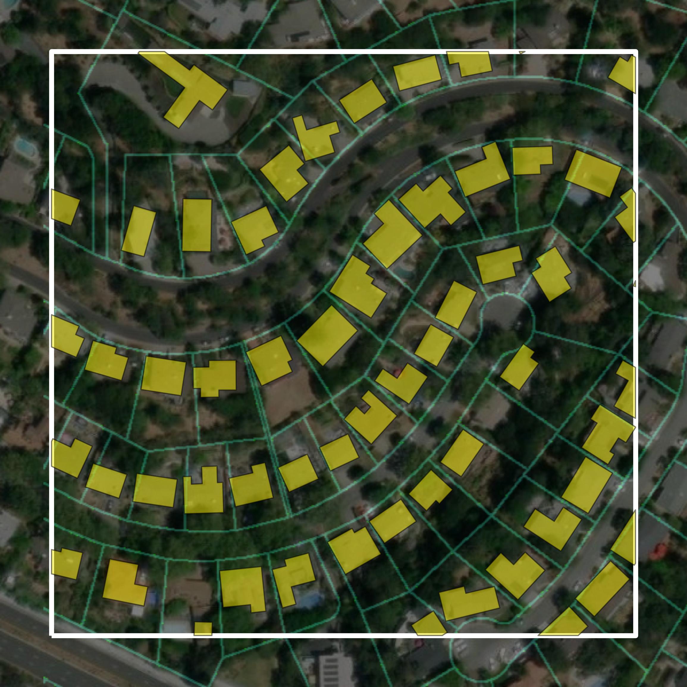 This image shows parcel and building data in Marin County created using GIS data in Equator.