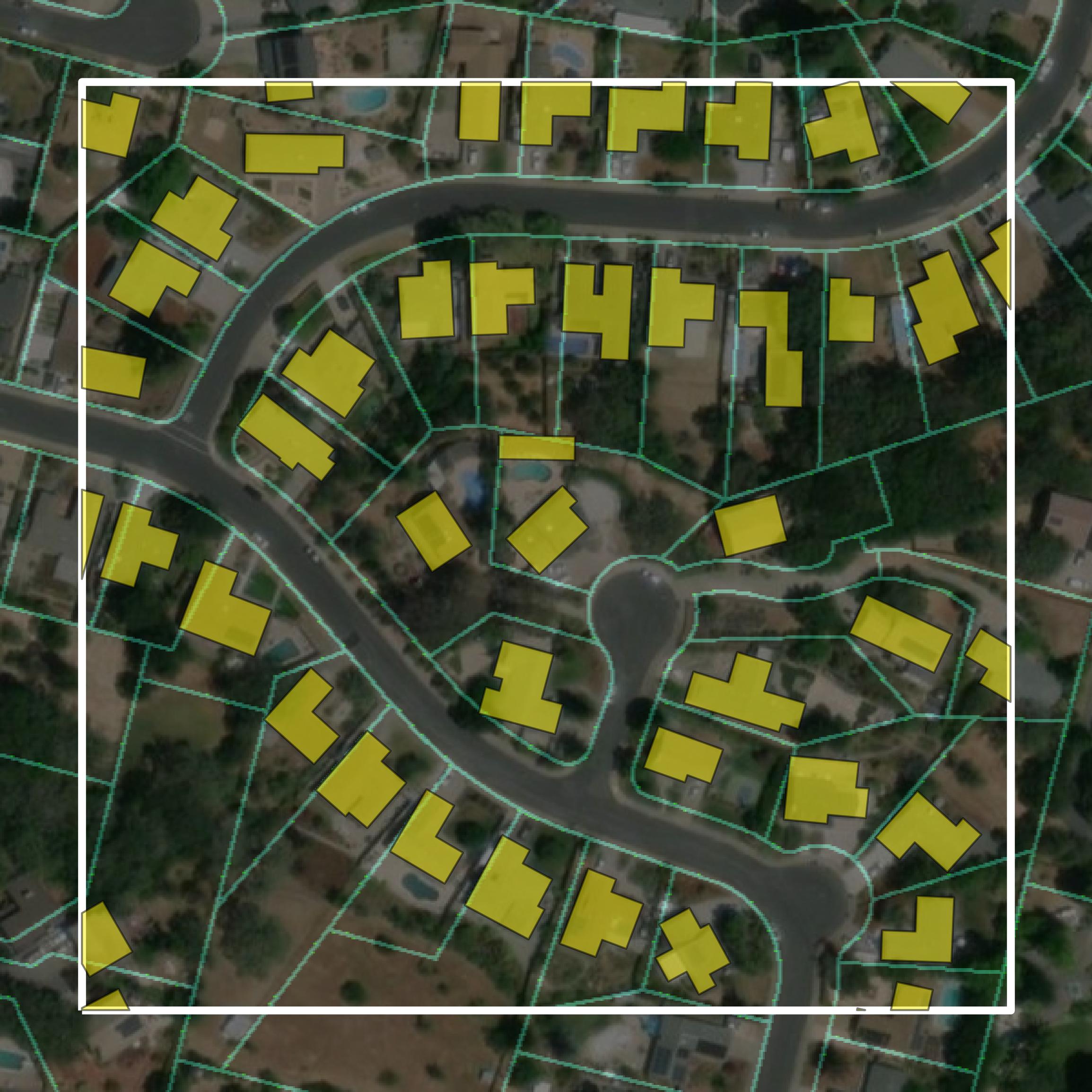 This image shows parcel and building data in Marin County created using GIS data in Equator.