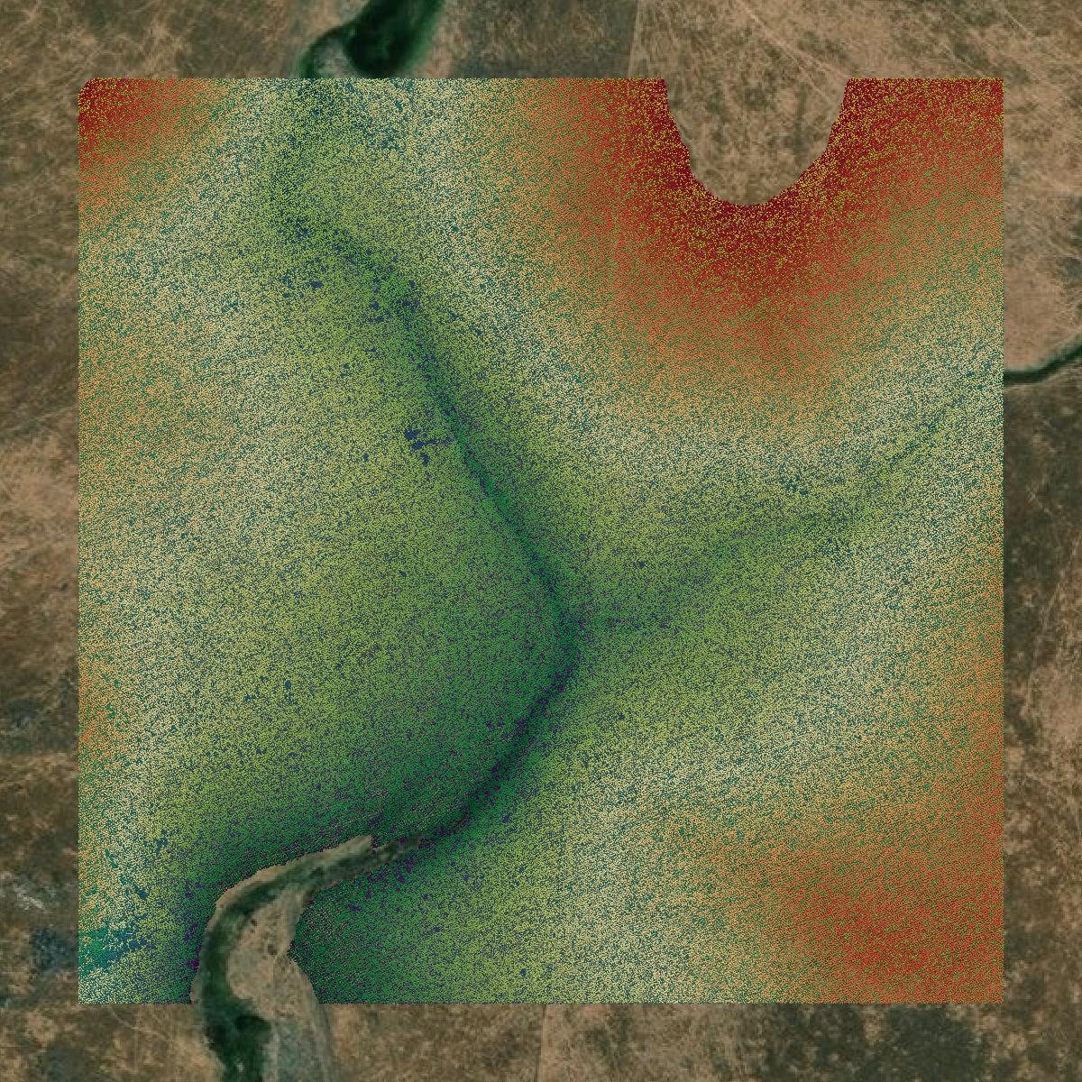 This image shows a LiDAR point cloud in Mariposa County created using GIS data in Equator.