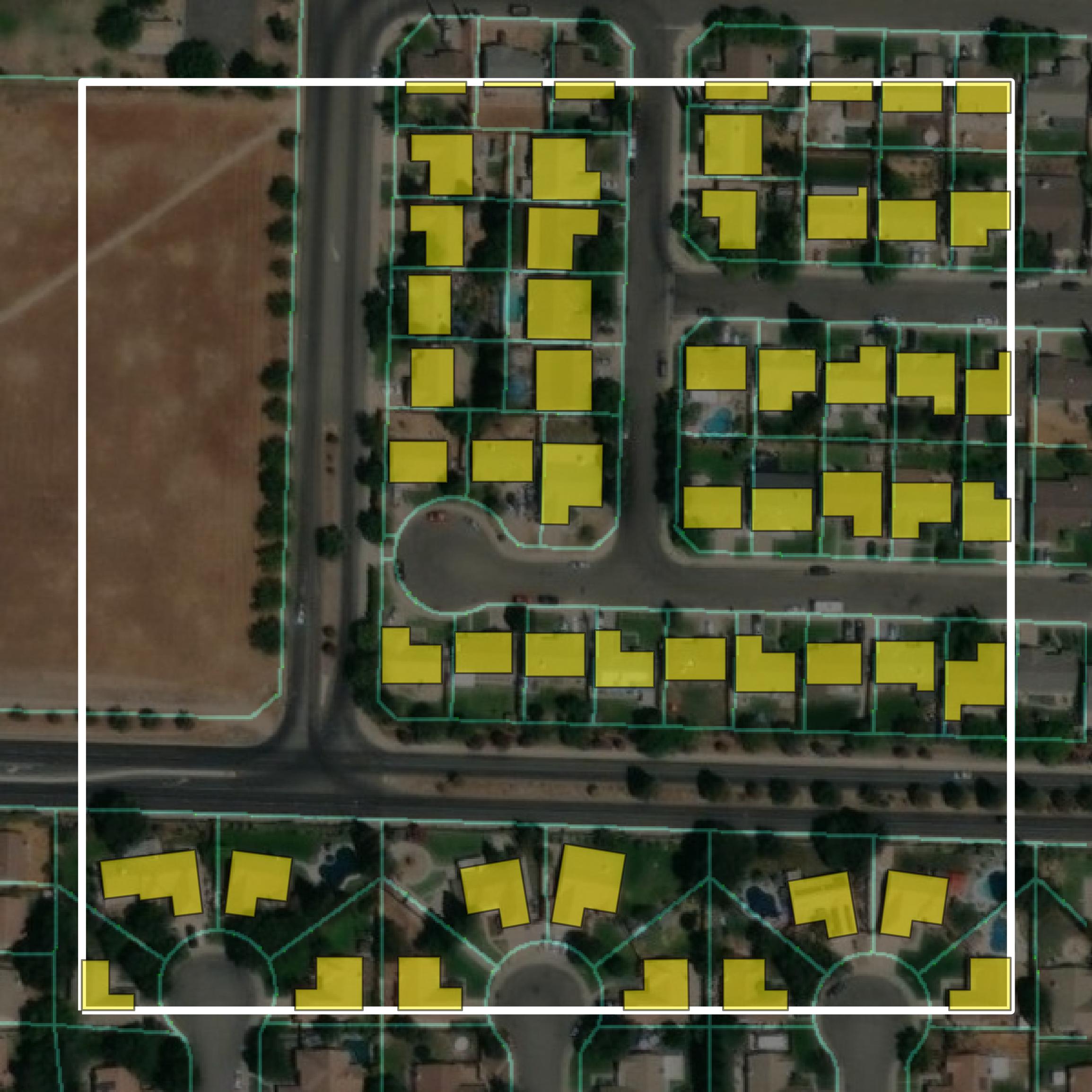 This image shows parcel and building data in Merced County created using GIS data in Equator.