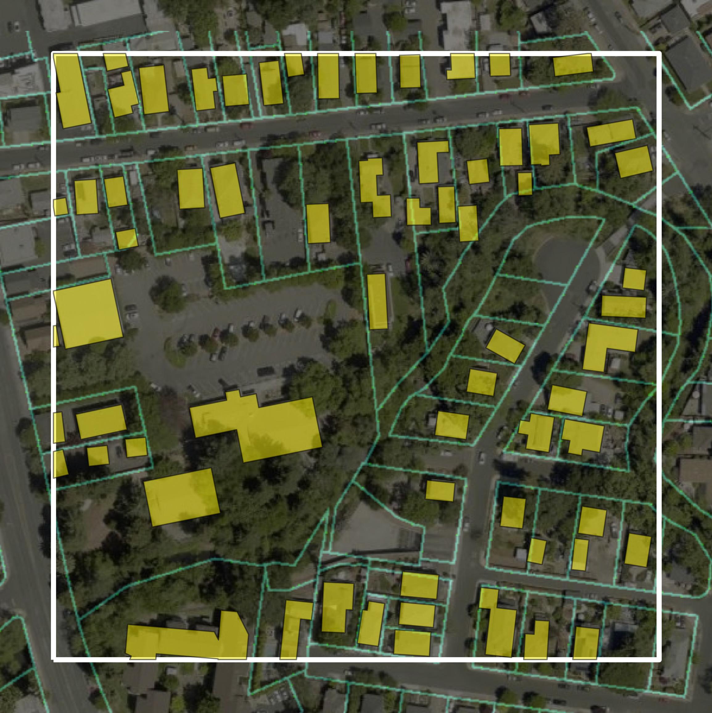 This image shows parcel and building data in Napa County created using GIS data in Equator.