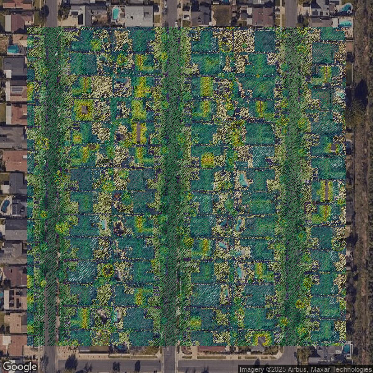 This image shows a LiDAR point cloud in Orange County created using GIS data in Equator.