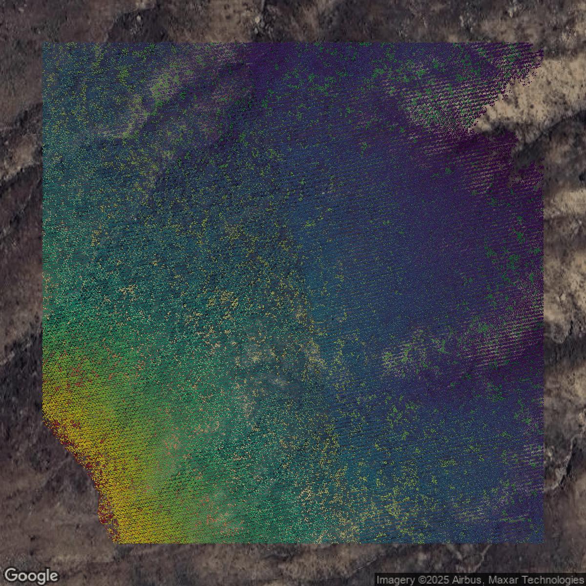 This image shows a LiDAR point cloud in Riverside County created using GIS data in Equator.