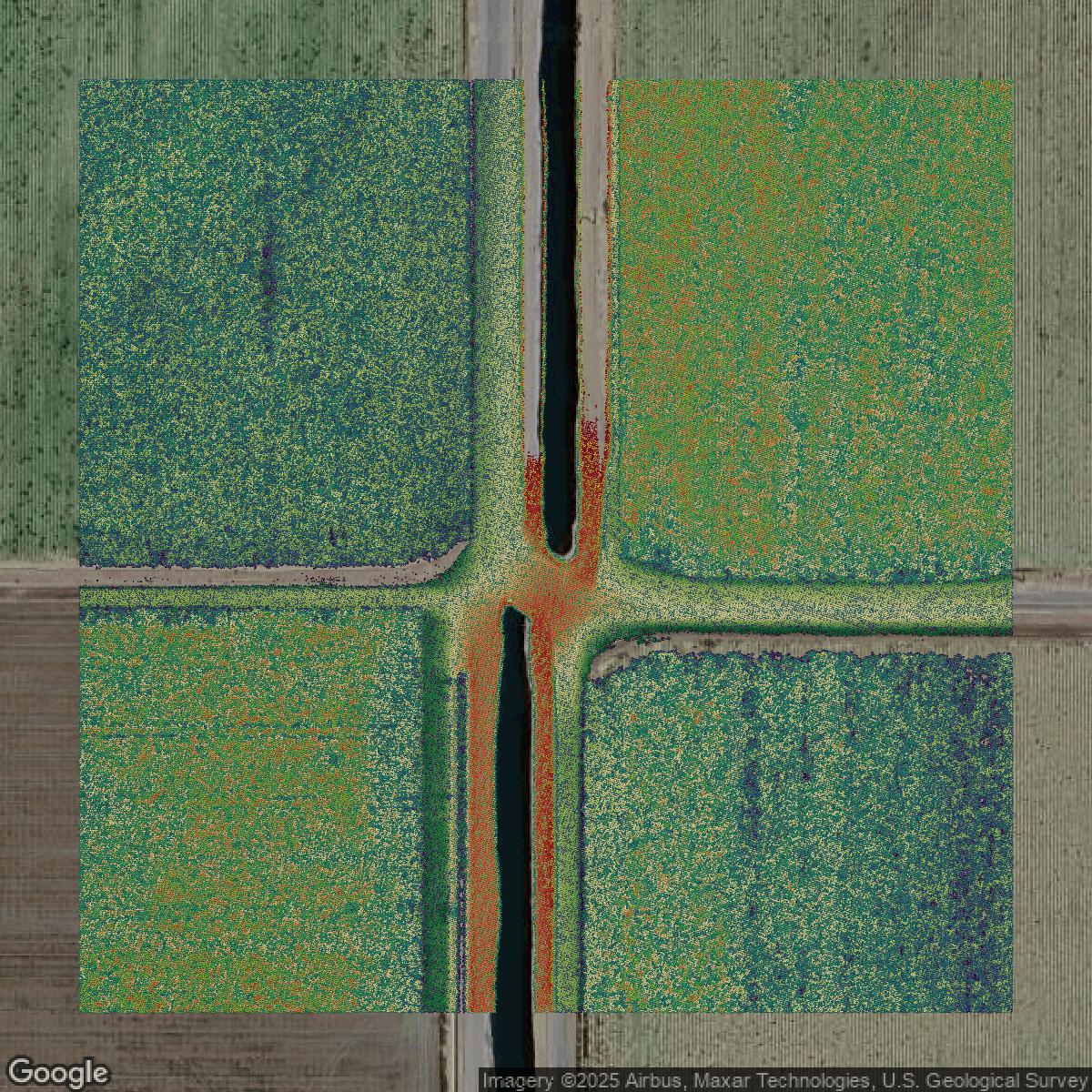 This image shows a LiDAR point cloud in Riverside County created using GIS data in Equator.