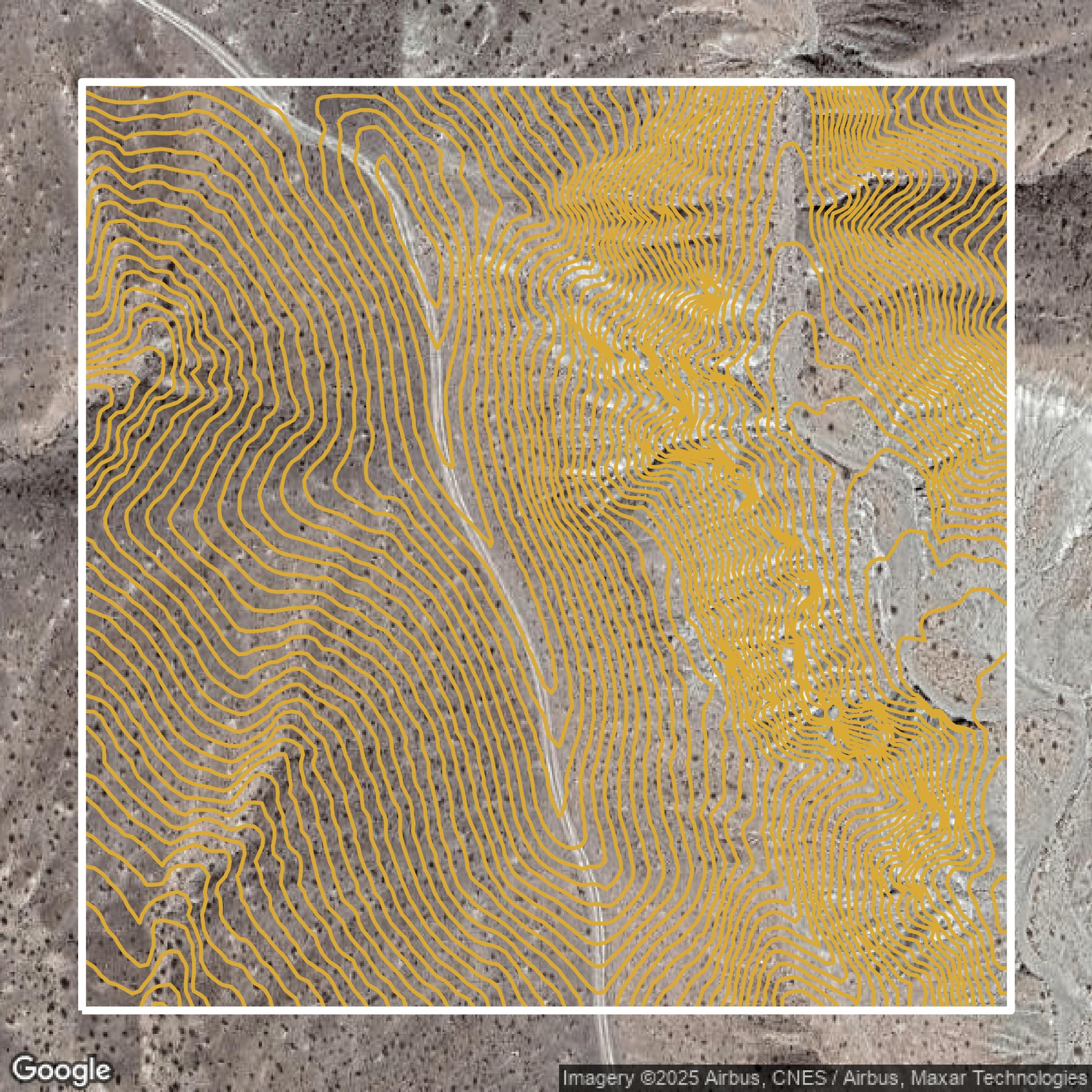 This image shows a contour map in San Bernardino County created using GIS data in Equator.